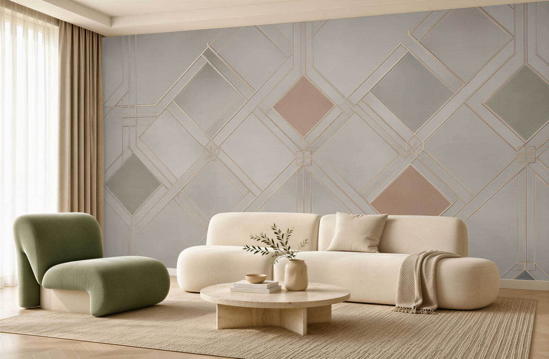 Fototapeta geometryczna kratka art deco beżowa z subtelnymi złotymi liniami?v23