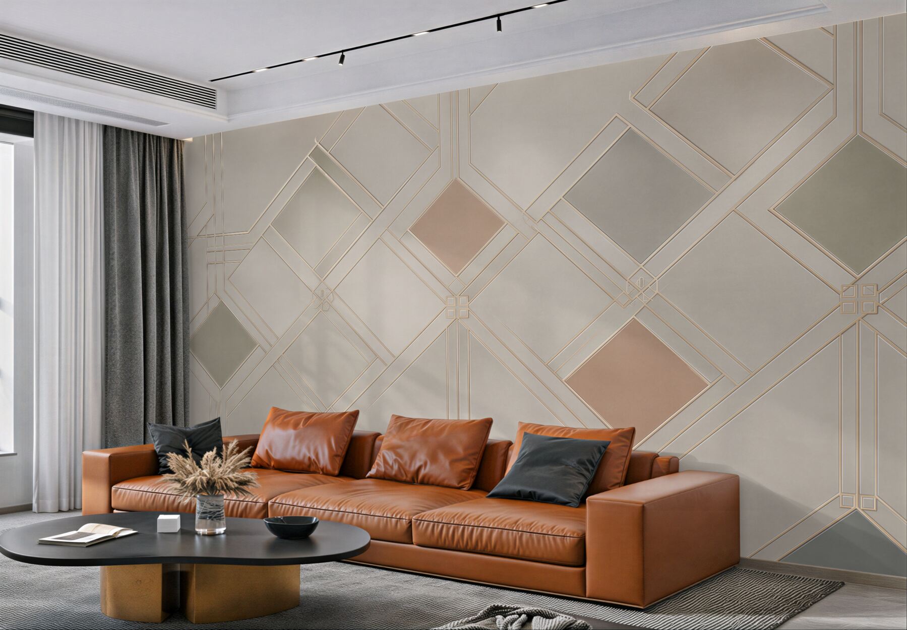 Fototapeta geometryczna kratka art deco beżowa z subtelnymi złotymi liniami?v23