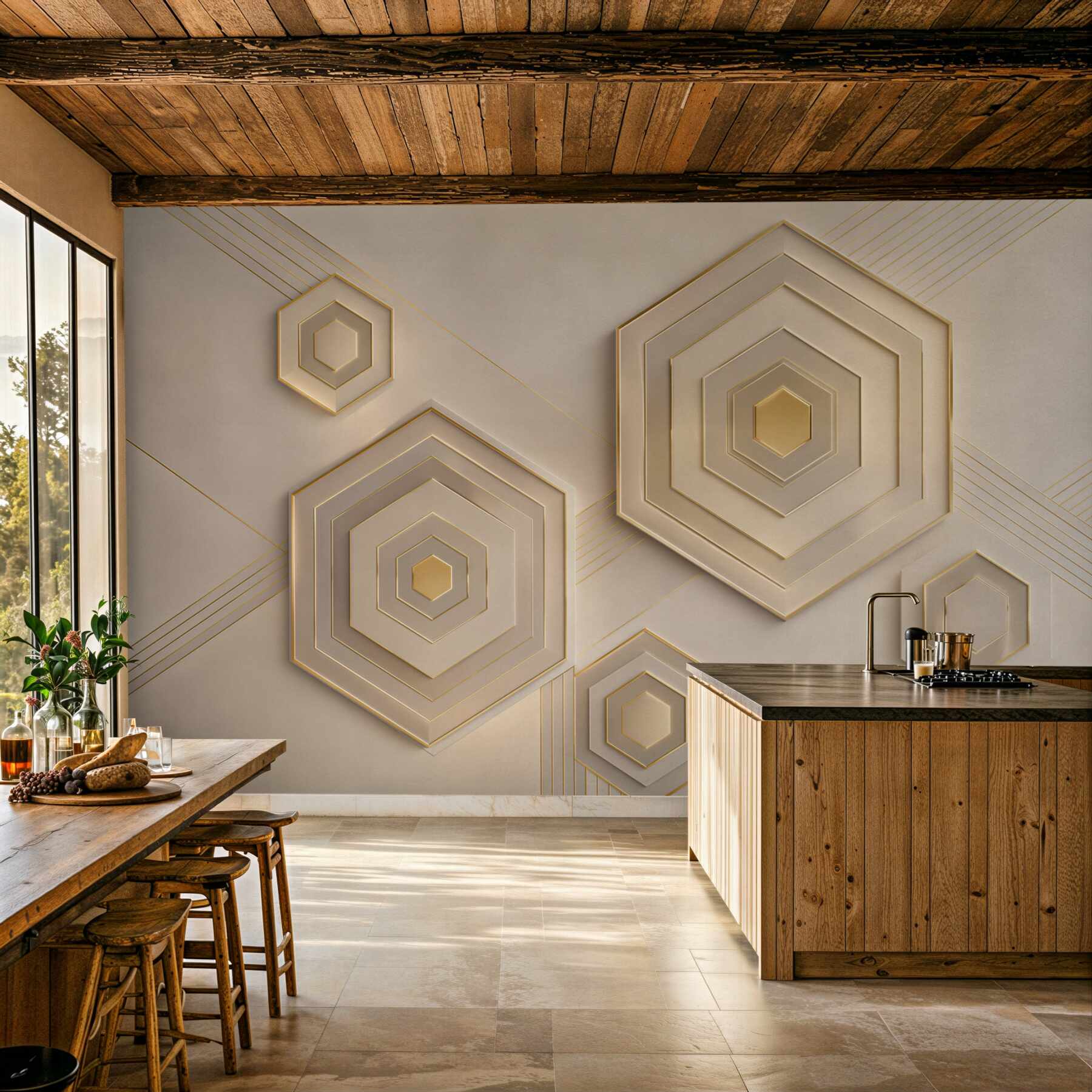 Fototapeta geometryczne heksagony beżowo złote nowoczesne 3D?v23