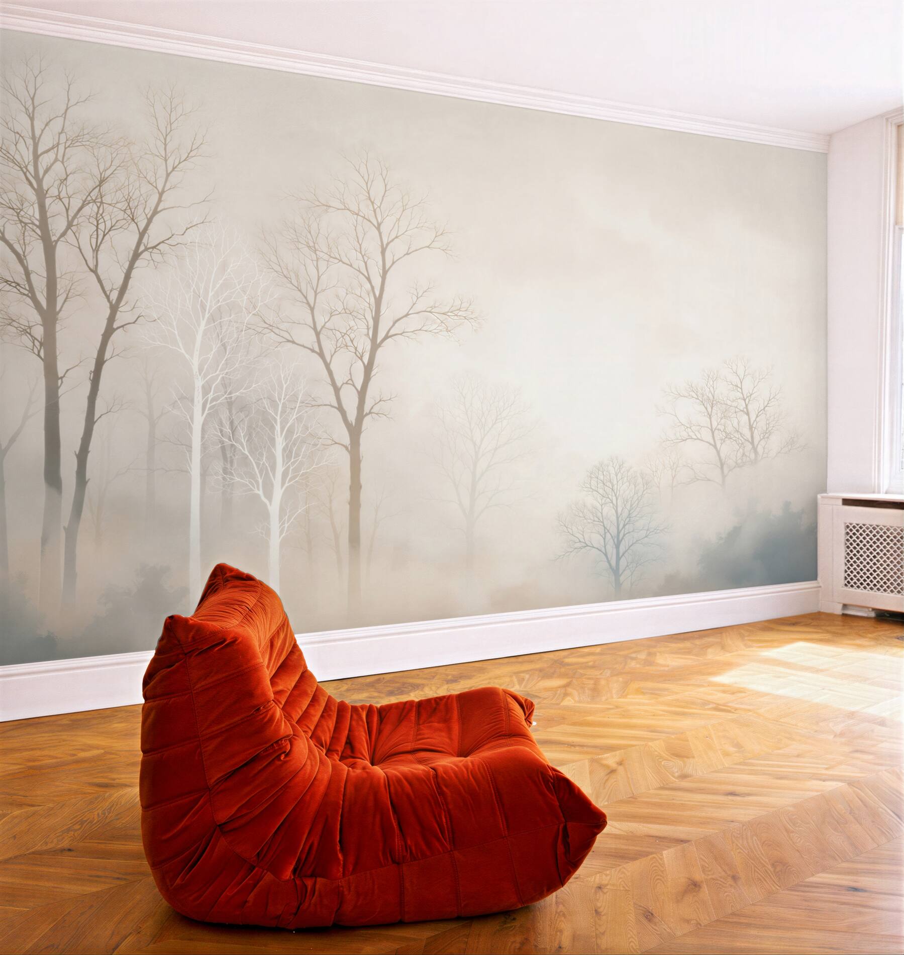 Fototapeta drzewa we mgle beżowa subtelny leśny krajobraz?v23