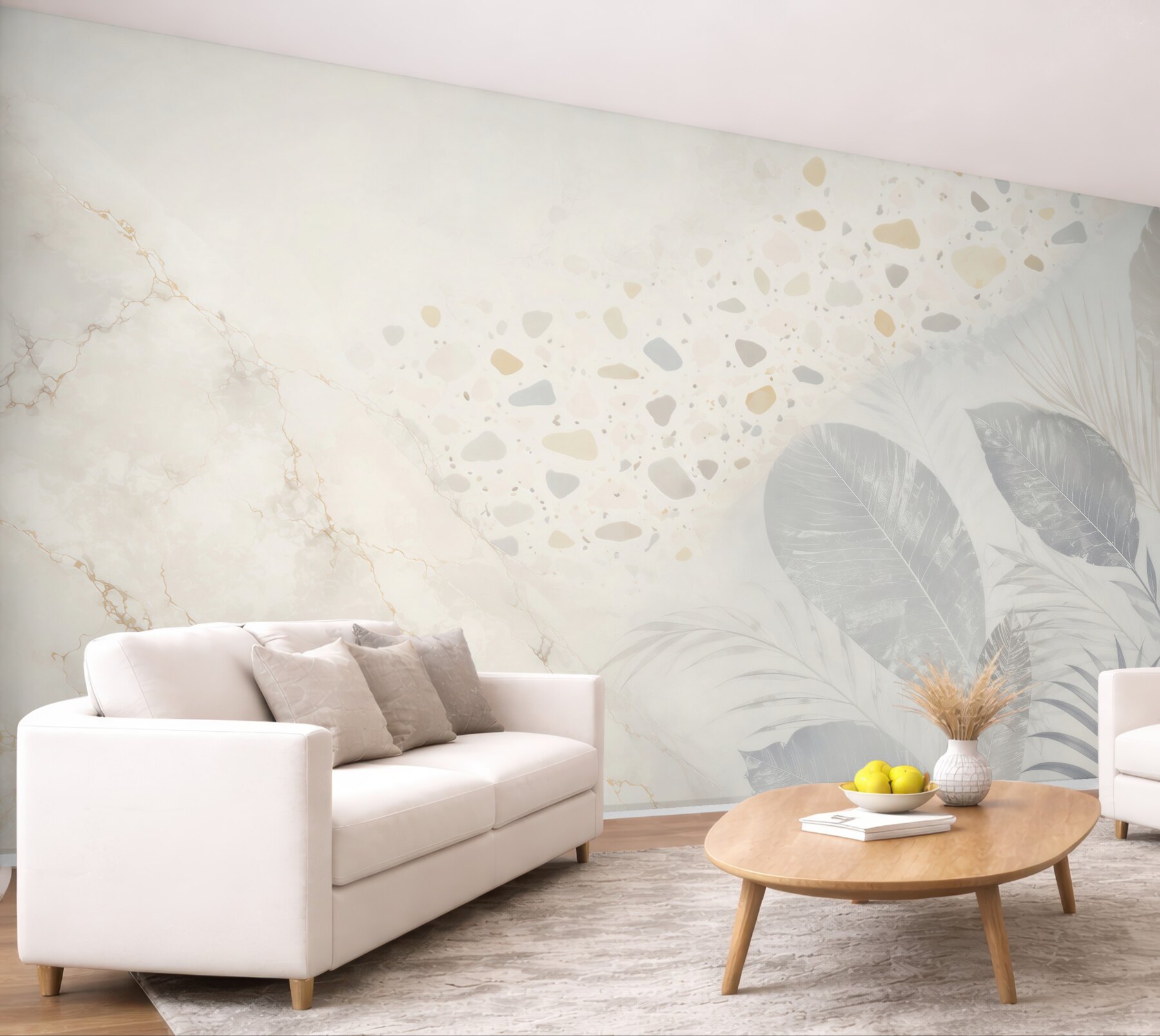 Fototapeta liście tropikalne na marmurowym tle beżowo szara elegancka?v23