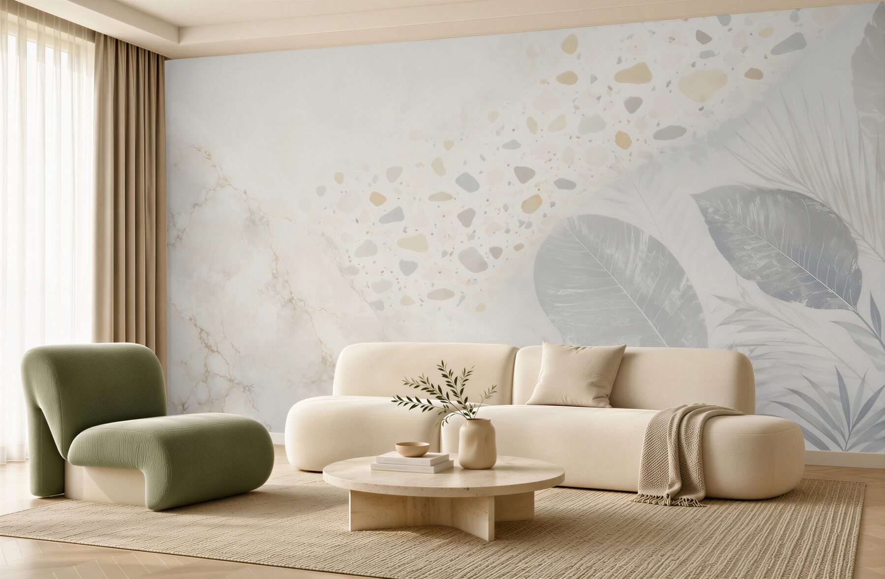 Fototapeta liście tropikalne na marmurowym tle beżowo szara elegancka?v23