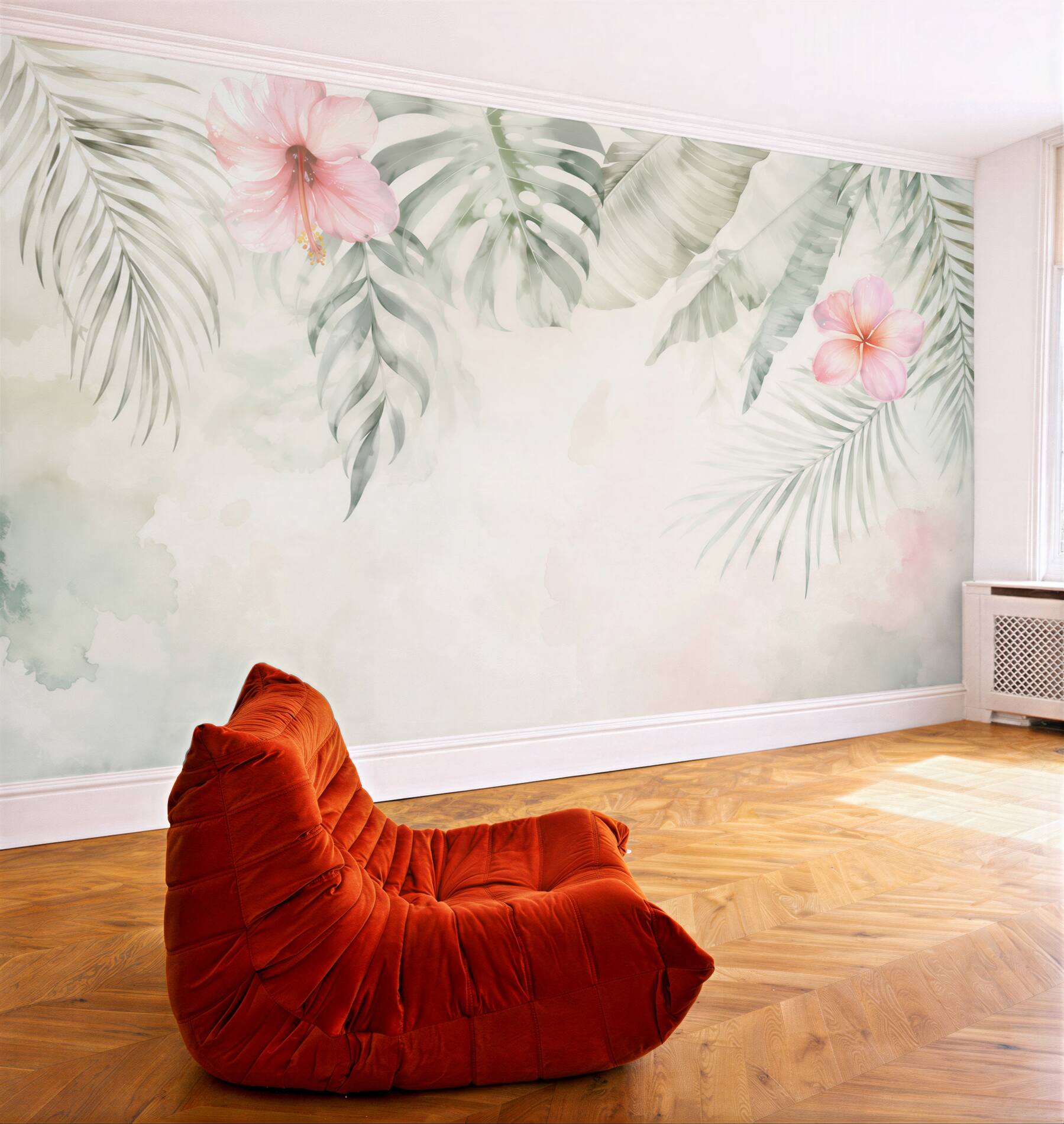 Fototapeta tropikalne liście i różowe hibiskusy pastelowa do sypialni?v23