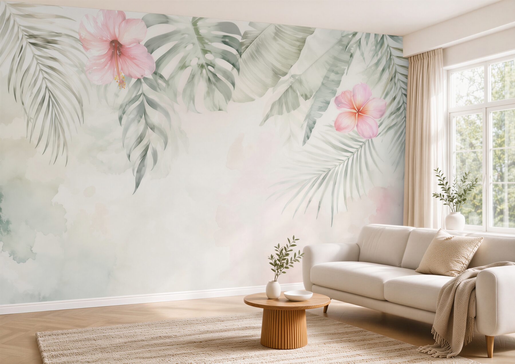Fototapeta tropikalne liście i różowe hibiskusy pastelowa do sypialni?v23