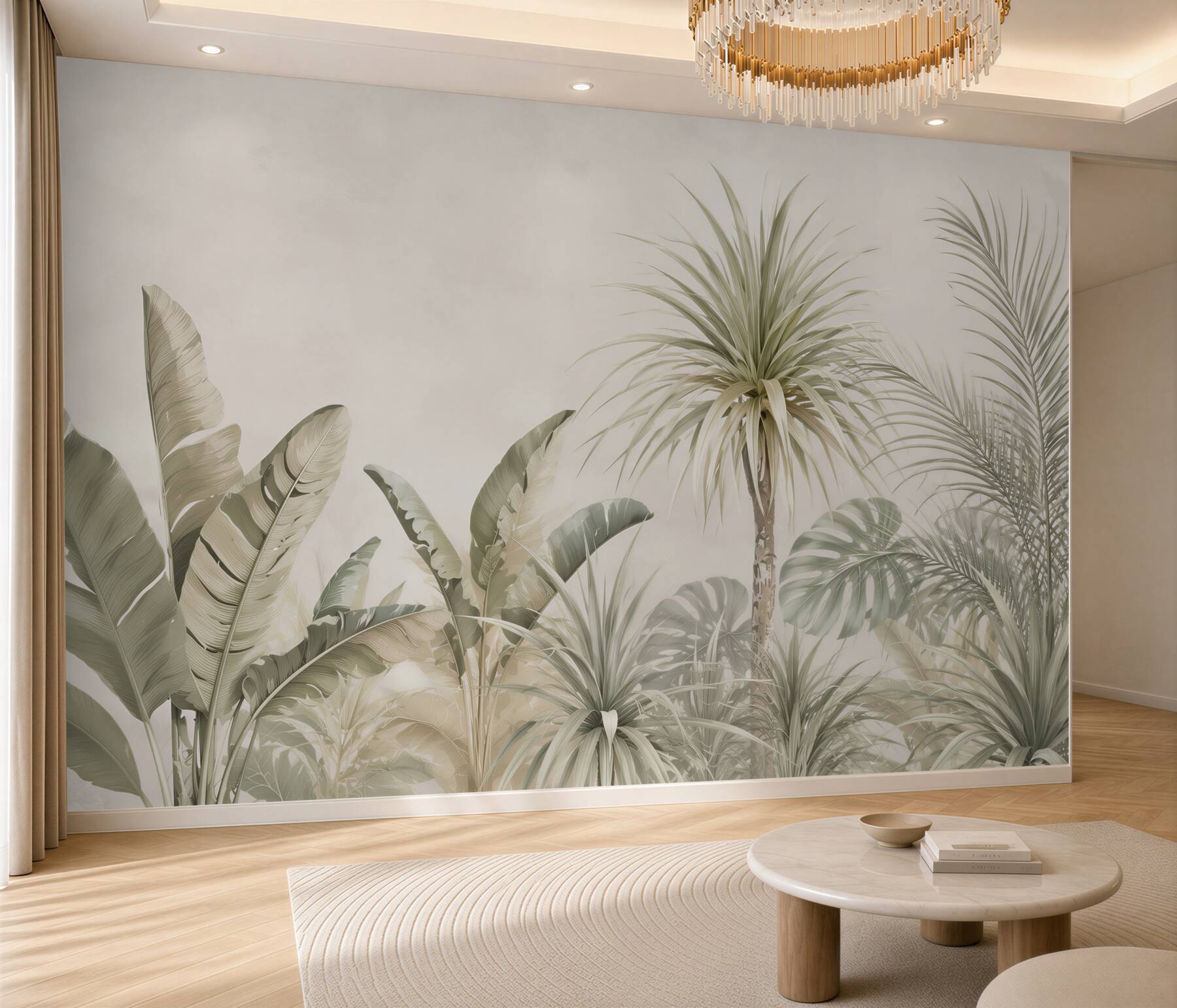 Fototapeta tropikalne liście beżowo zielone w jasnym stylu boho?v23