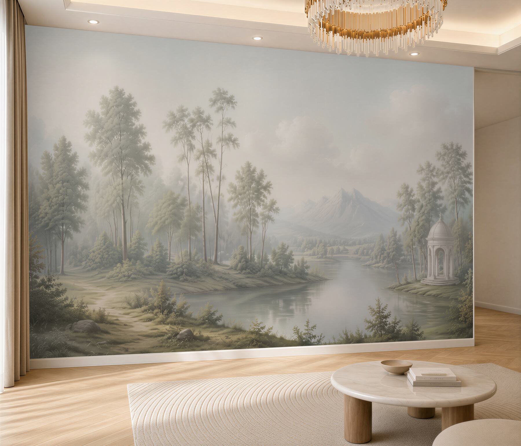 Fototapeta mglisty krajobraz z jeziorem i górami w jasnych pastelowych barwach?v23