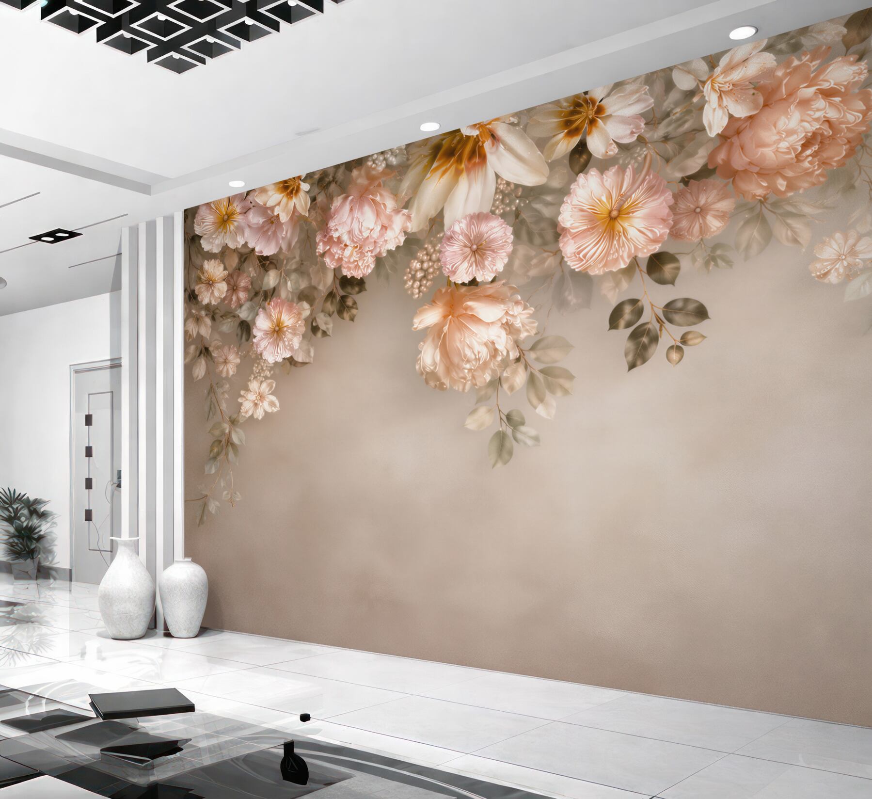 Fototapeta kwiaty peonie i magnolie pudrowy róż na beżowym tle?v23