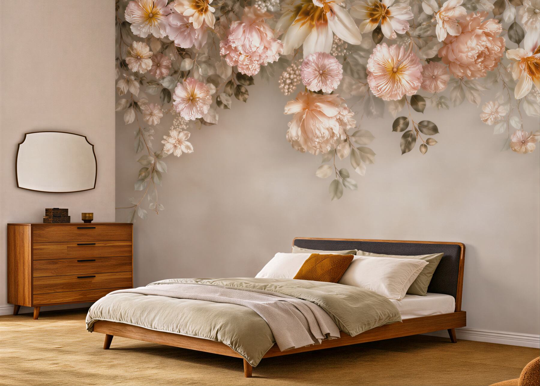 Fototapeta kwiaty peonie i magnolie pudrowy róż na beżowym tle?v23