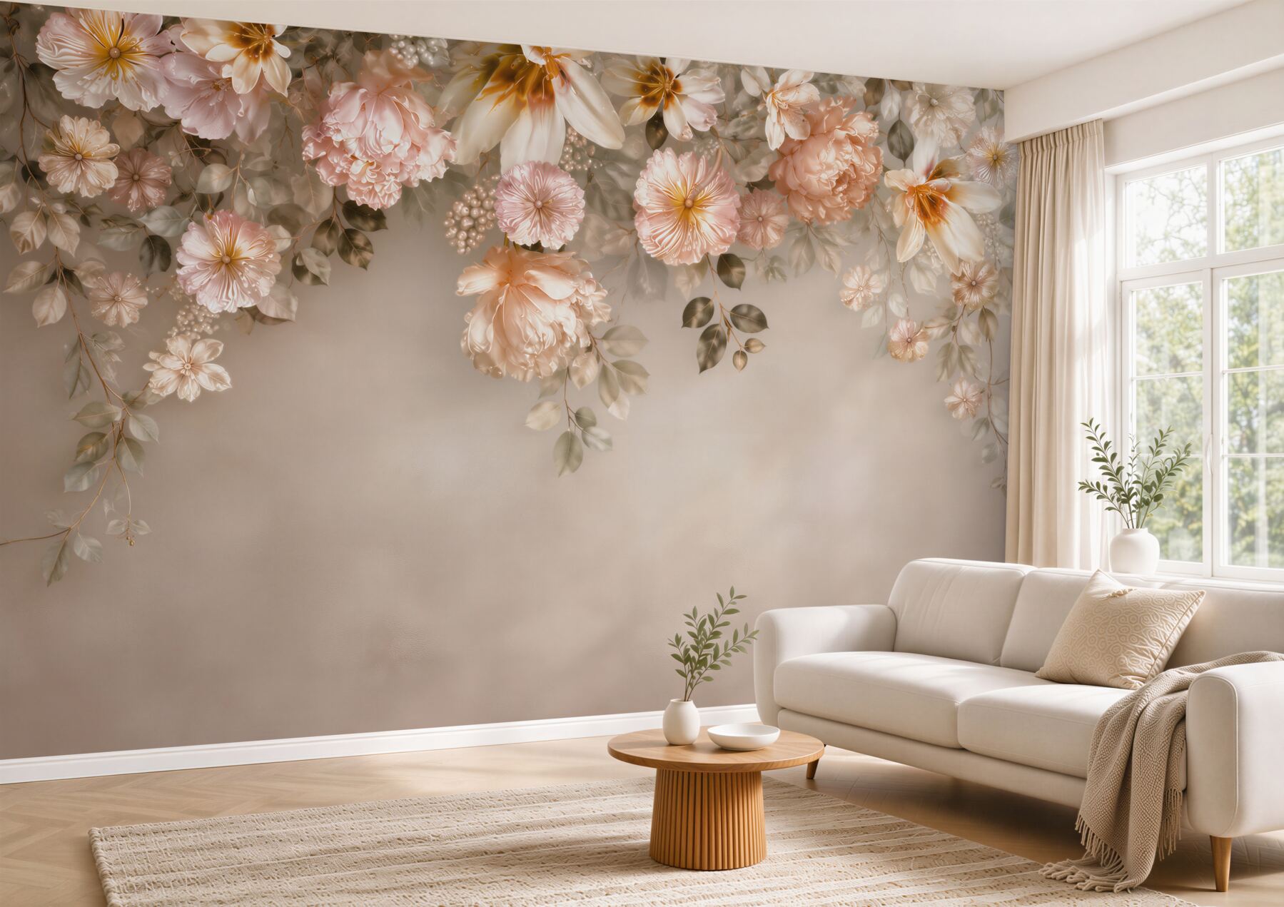 Fototapeta kwiaty peonie i magnolie pudrowy róż na beżowym tle?v23