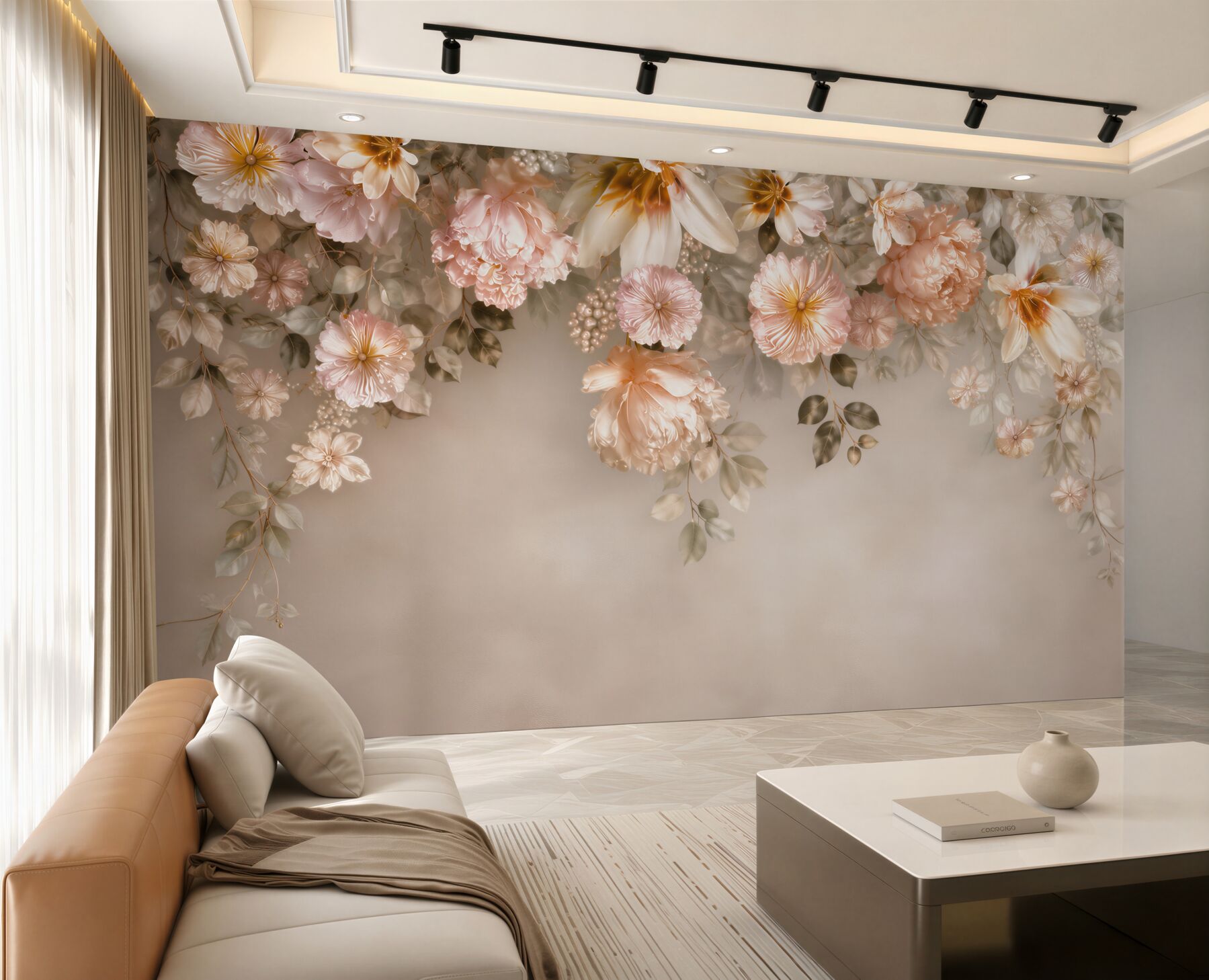 Fototapeta kwiaty peonie i magnolie pudrowy róż na beżowym tle?v23
