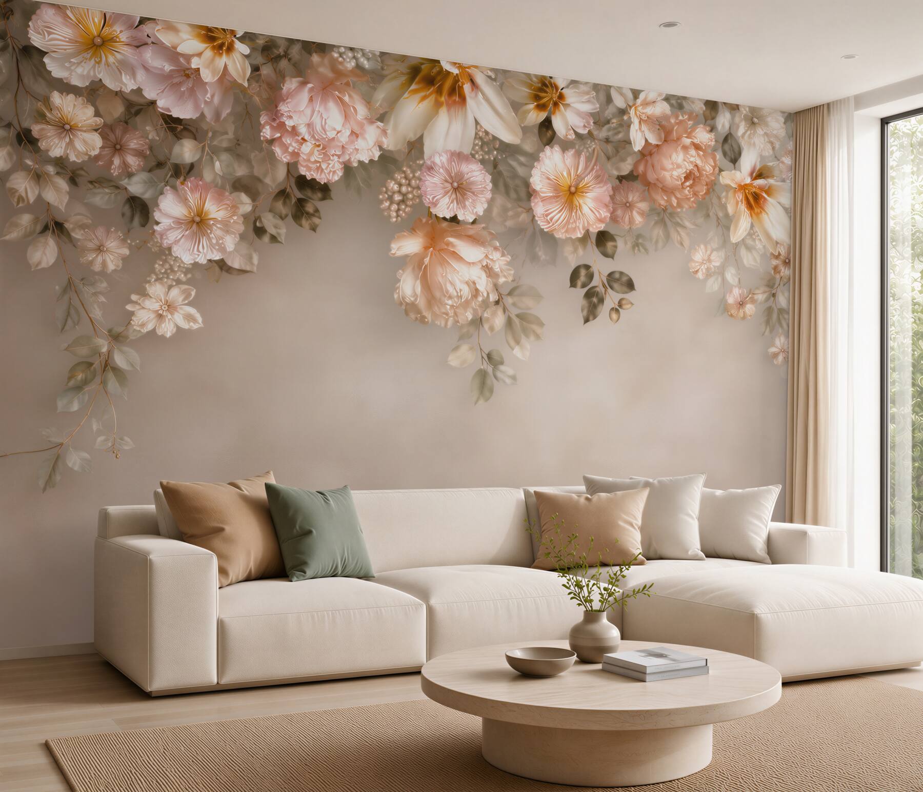 Fototapeta kwiaty peonie i magnolie pudrowy róż na beżowym tle?v23