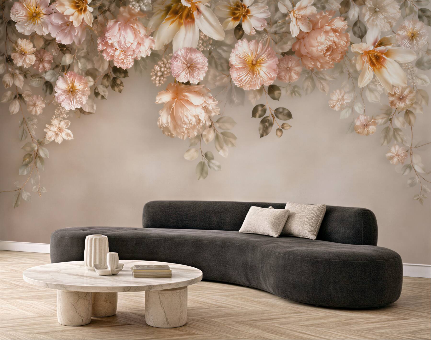 Fototapeta kwiaty peonie i magnolie pudrowy róż na beżowym tle?v23