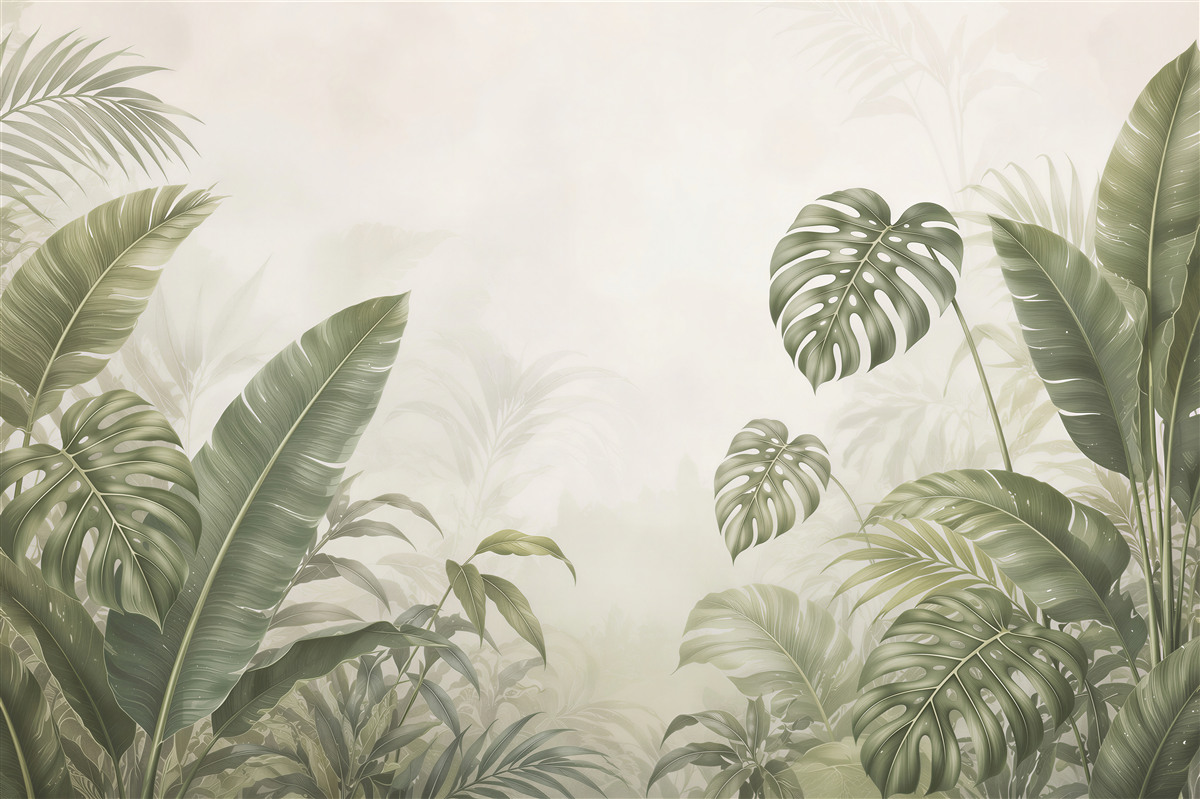Fototapeta monstera i liście tropikalne beżowo zielone do salonu
