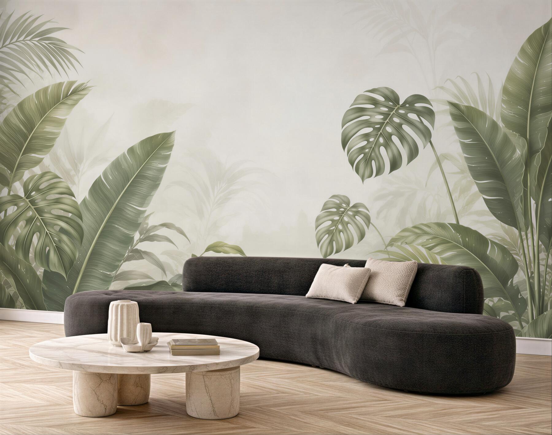 Fototapeta monstera i liście tropikalne beżowo zielone do salonu