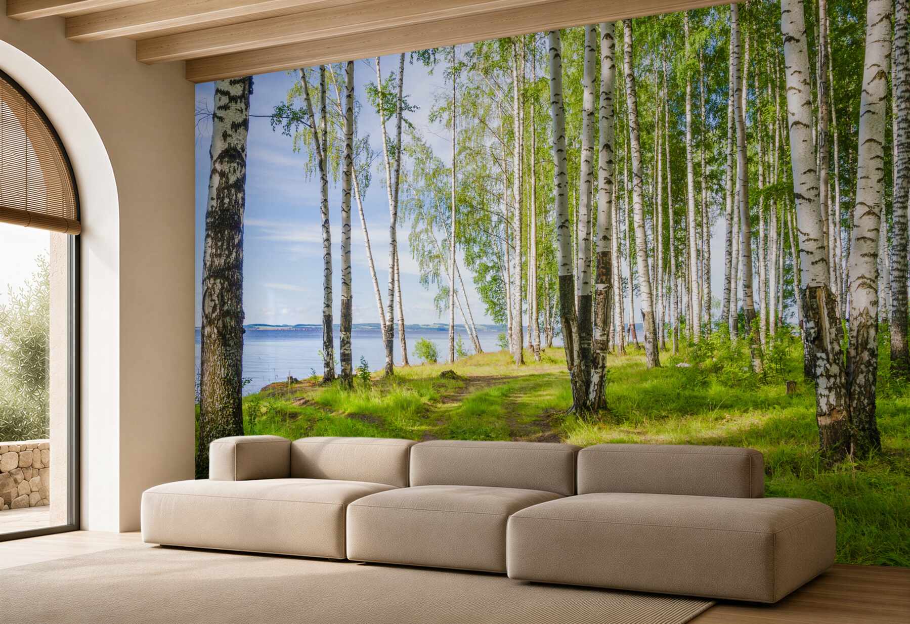 Fototapeta zielona łąka brzozowa w pobliżu jeziora?v23