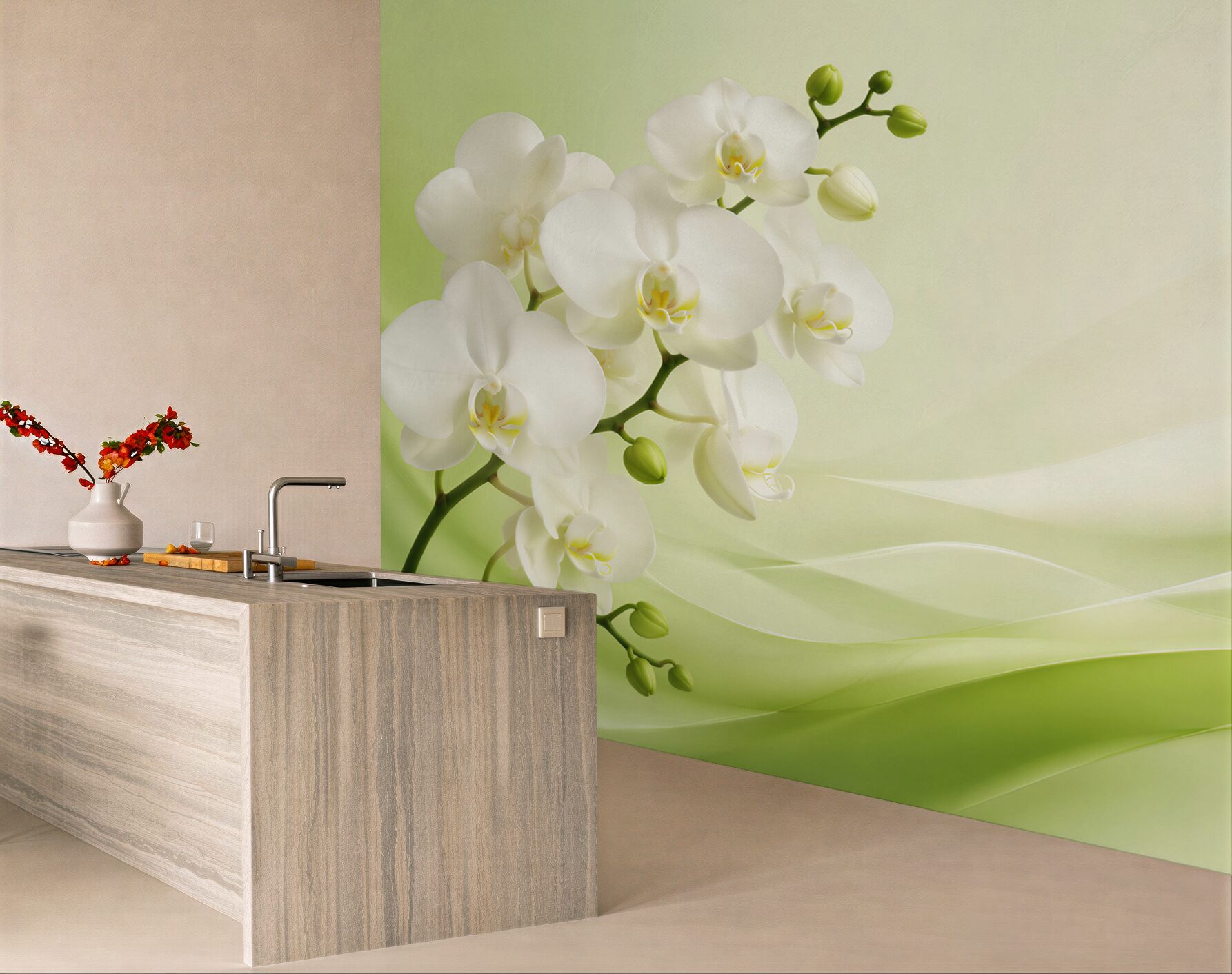 Fototapeta białe orchidee na gałęzi na zielonym tle?v23