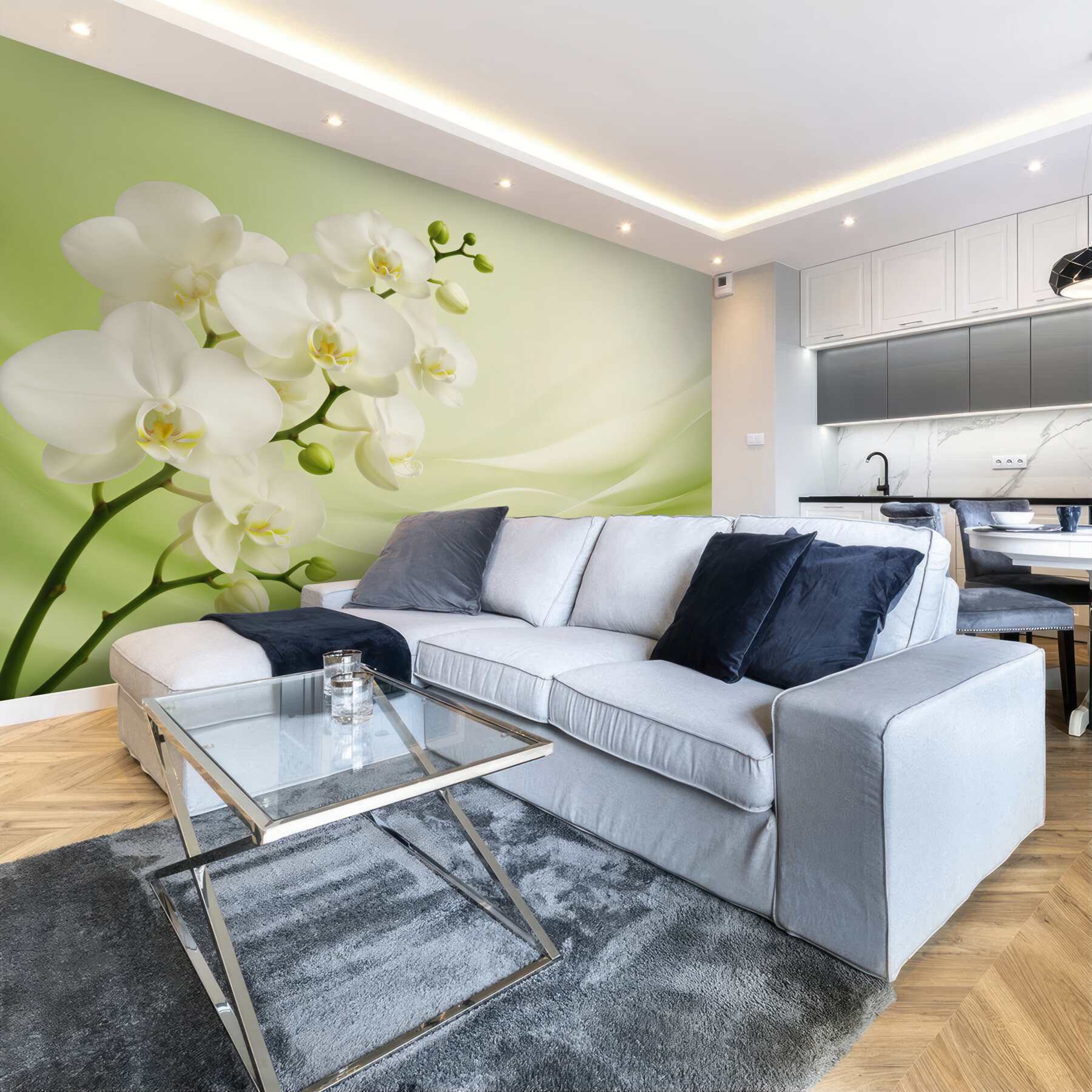 Fototapeta białe orchidee na gałęzi na zielonym tle?v23