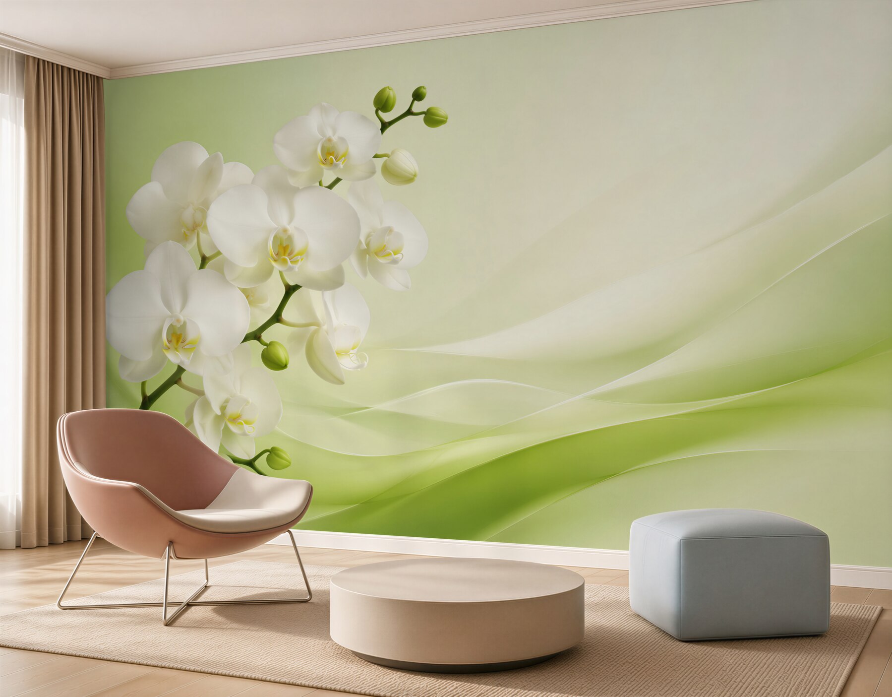 Fototapeta białe orchidee na gałęzi na zielonym tle