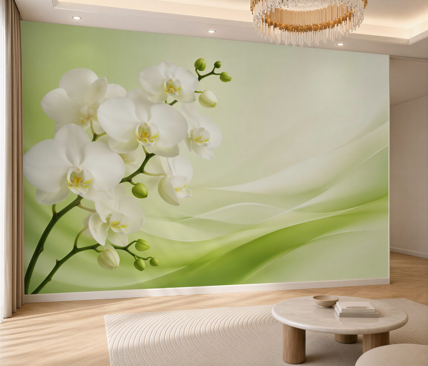Fototapeta białe orchidee na gałęzi na zielonym tle?v23