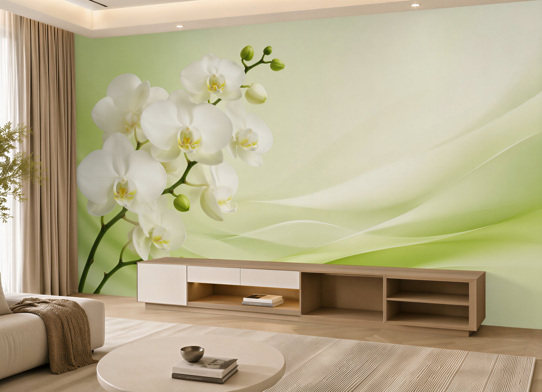 Fototapeta białe orchidee na gałęzi na zielonym tle?v23