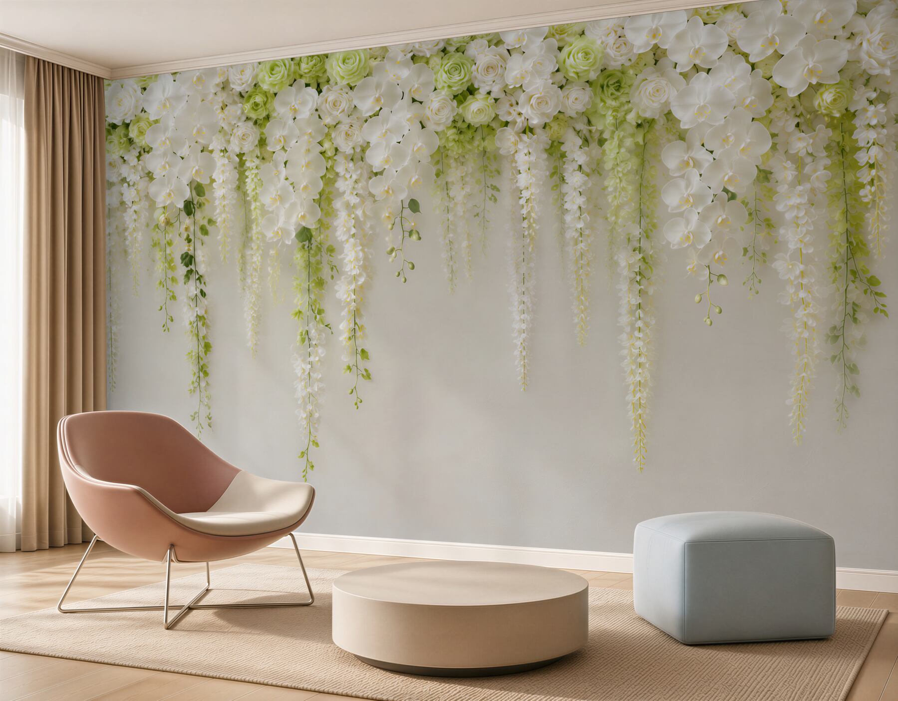 Fototapeta ściana usiana białymi kwiatami orchidei