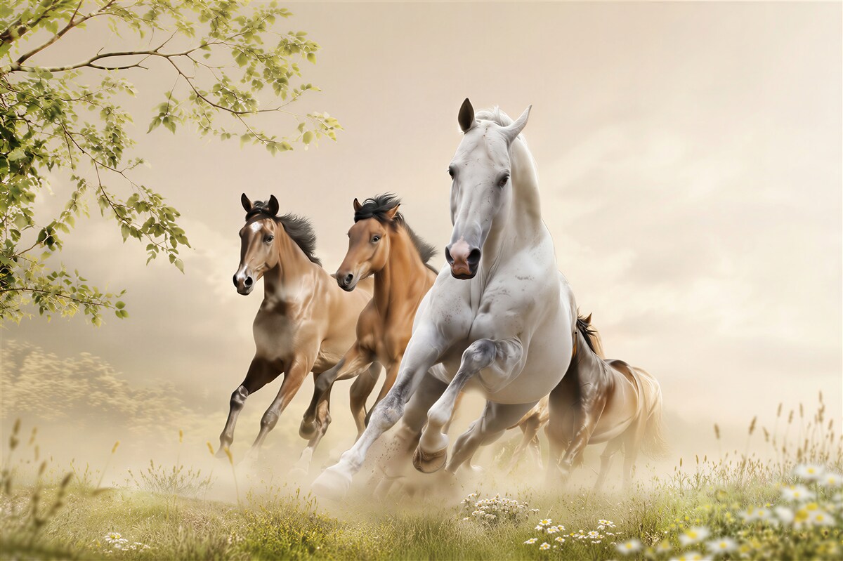 Fototapeta galop różnych koni rozbijających cegłę
