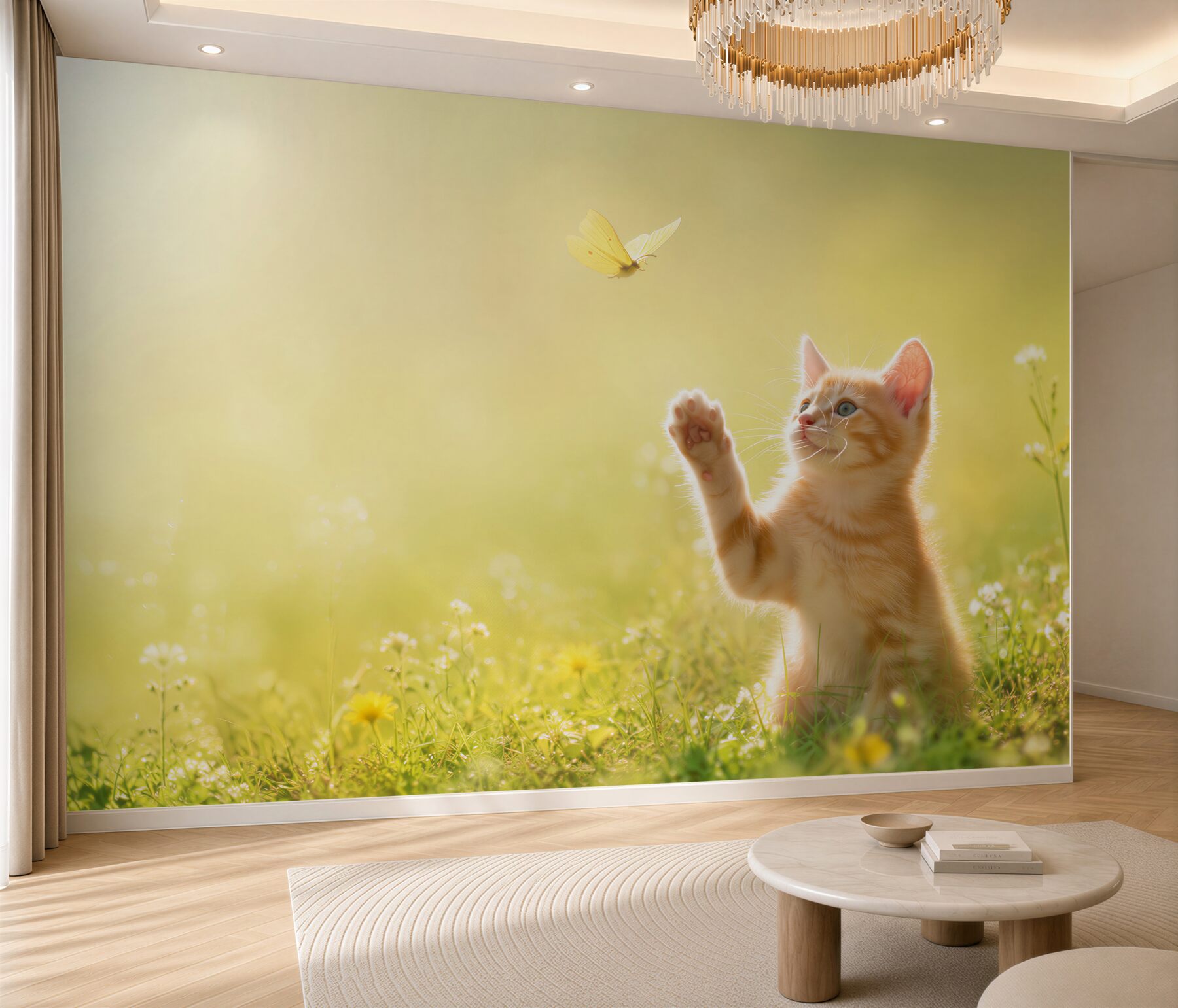 Fototapeta kotek bawi się motylem na łące?v23