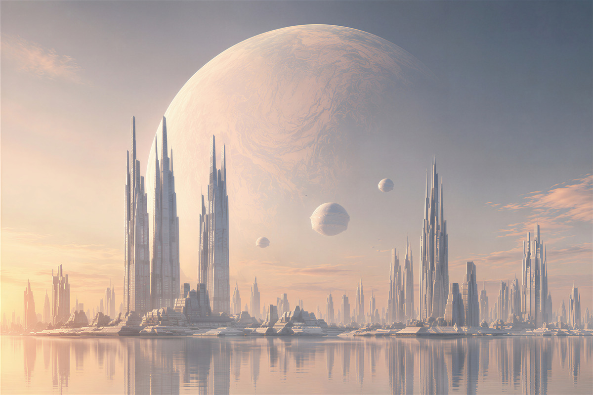 Fototapeta pełnia księżyca nad fantastycznym miastem