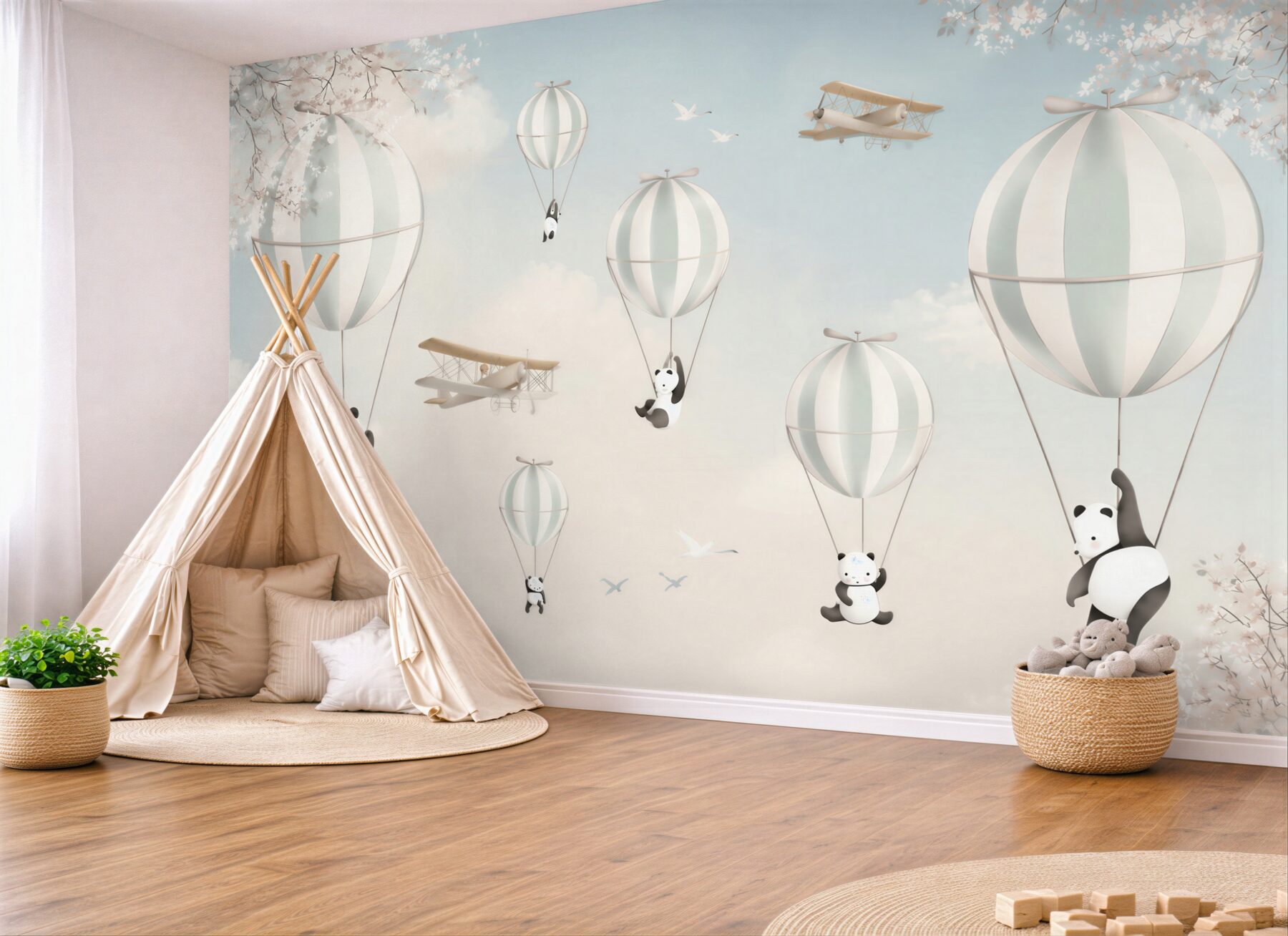 Fototapeta pandy bawią się balonami na ogrzane powietrze?v23