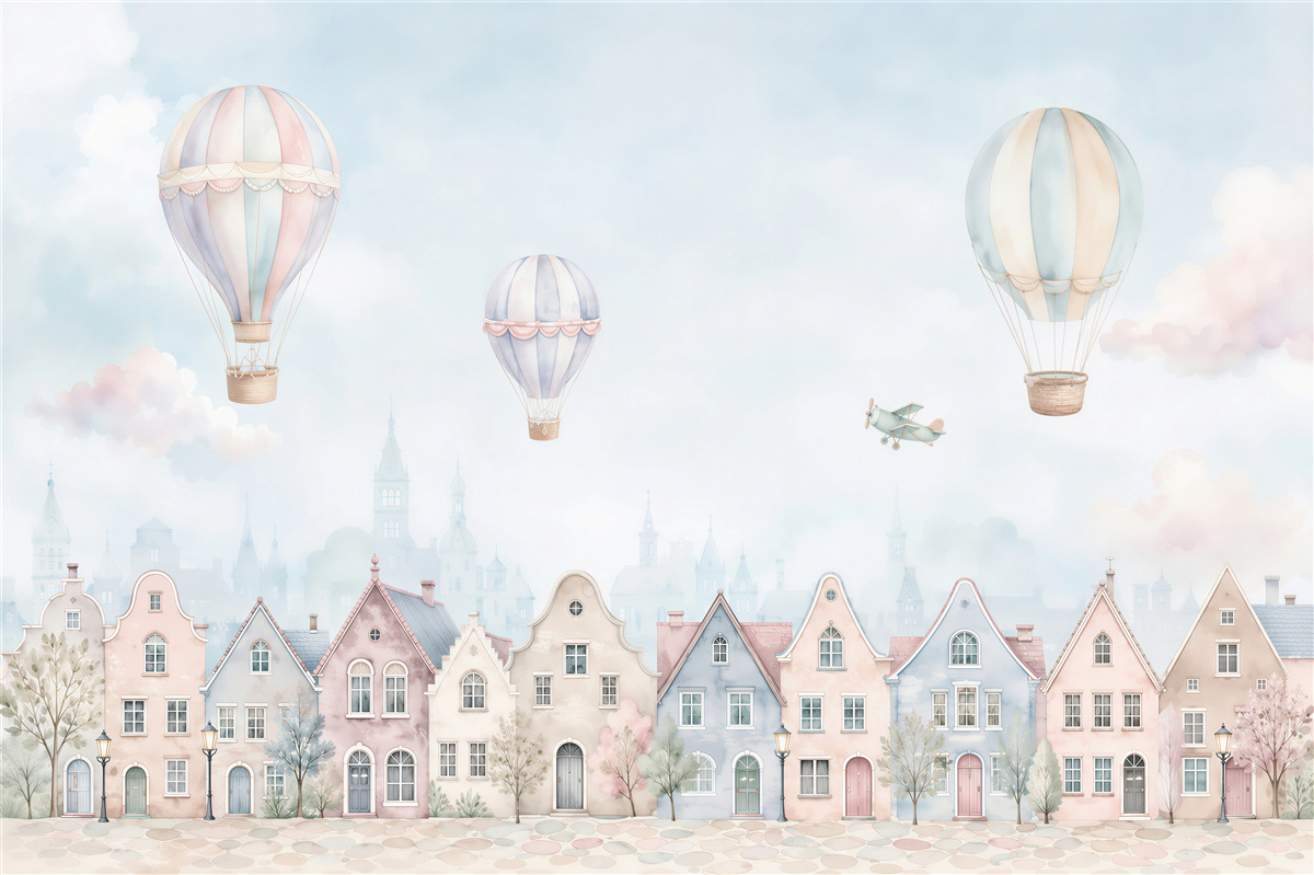 Fototapeta balony nad kolorowymi domami