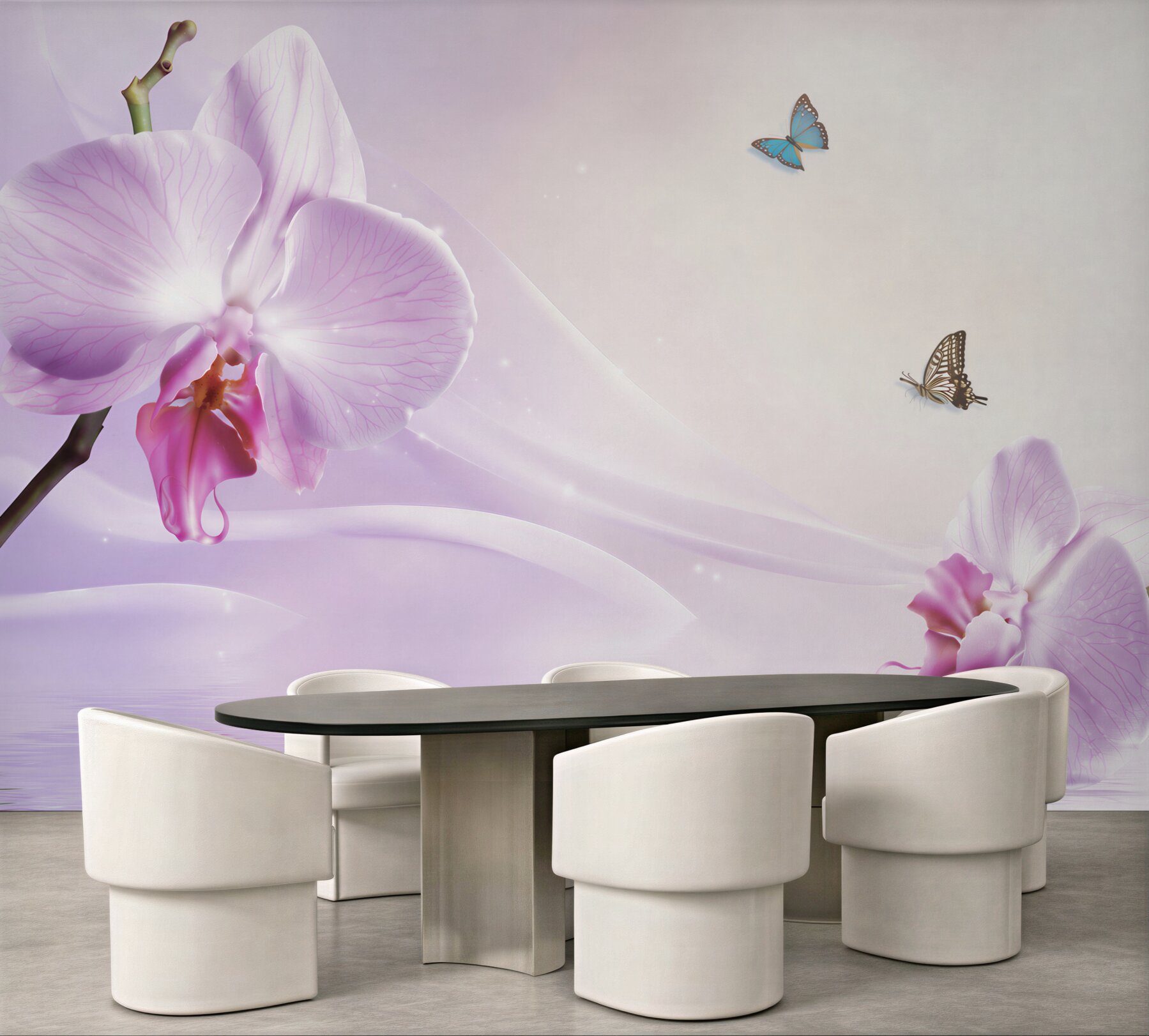 Fototapeta liliowe orchidee i motyle na tle geometrycznym?v23