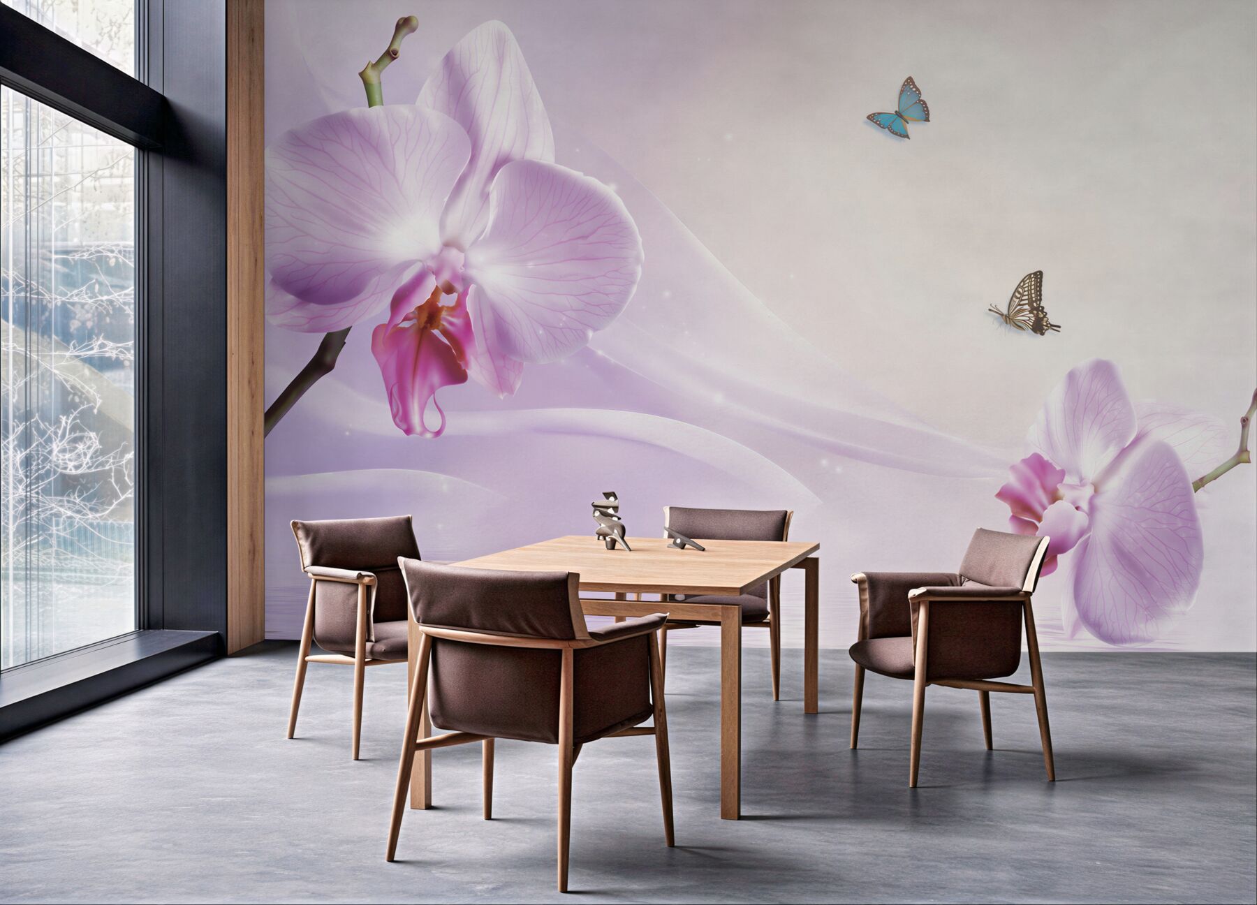 Fototapeta liliowe orchidee i motyle na tle geometrycznym?v23