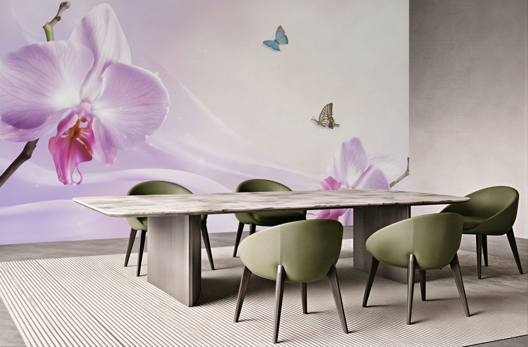 Fototapeta liliowe orchidee i motyle na tle geometrycznym?v23