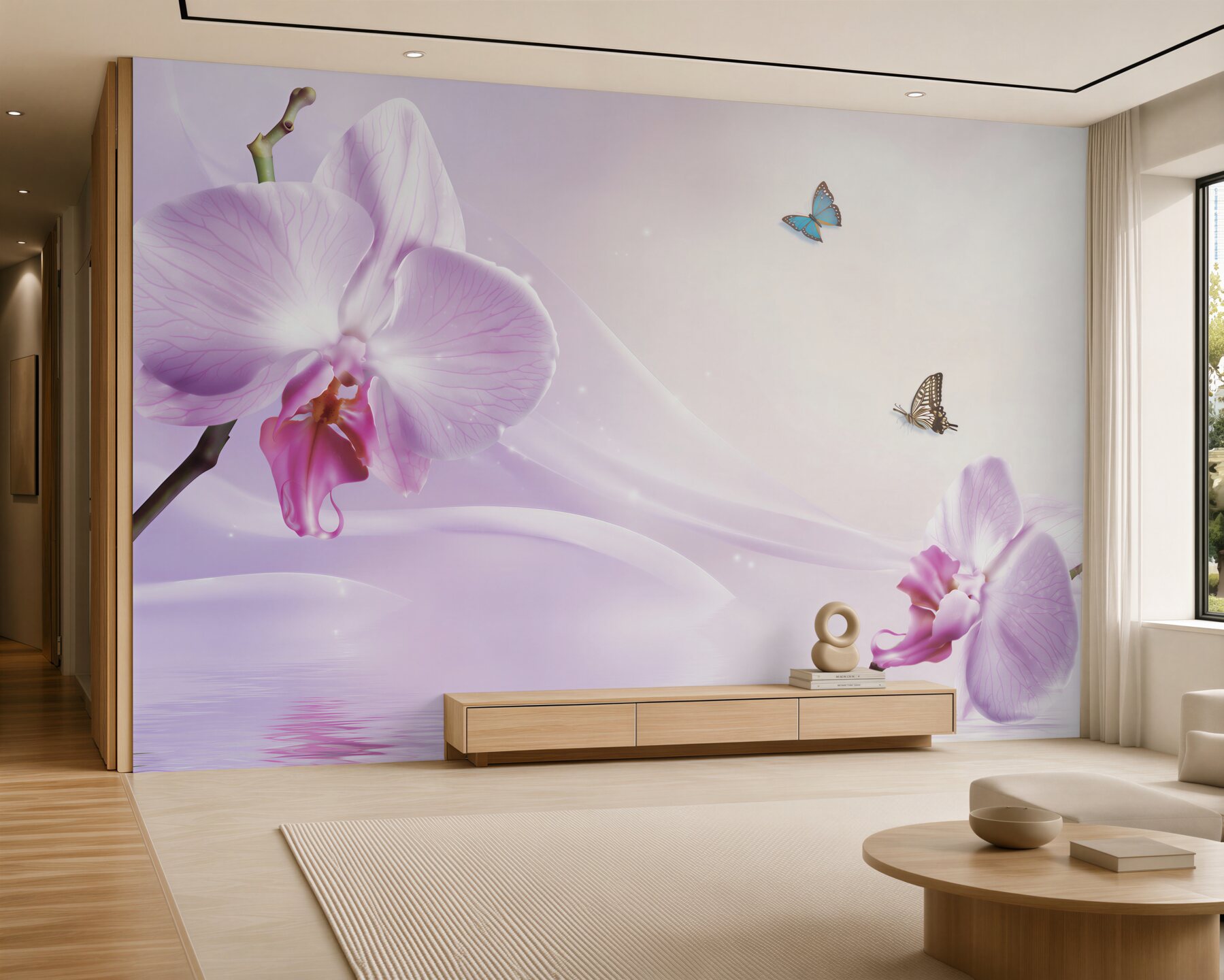 Fototapeta liliowe orchidee i motyle na tle geometrycznym