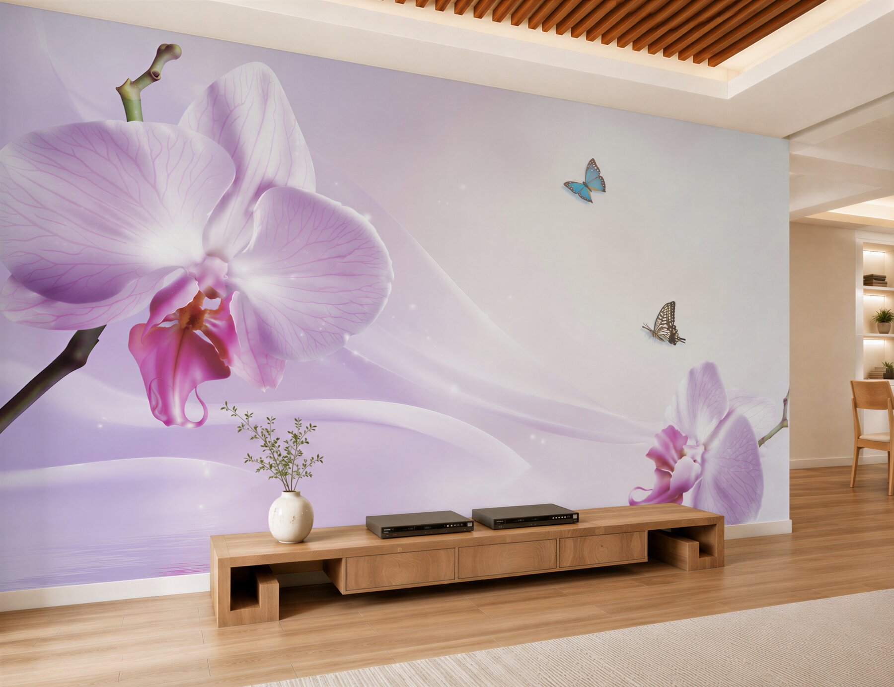Fototapeta liliowe orchidee i motyle na tle geometrycznym?v23