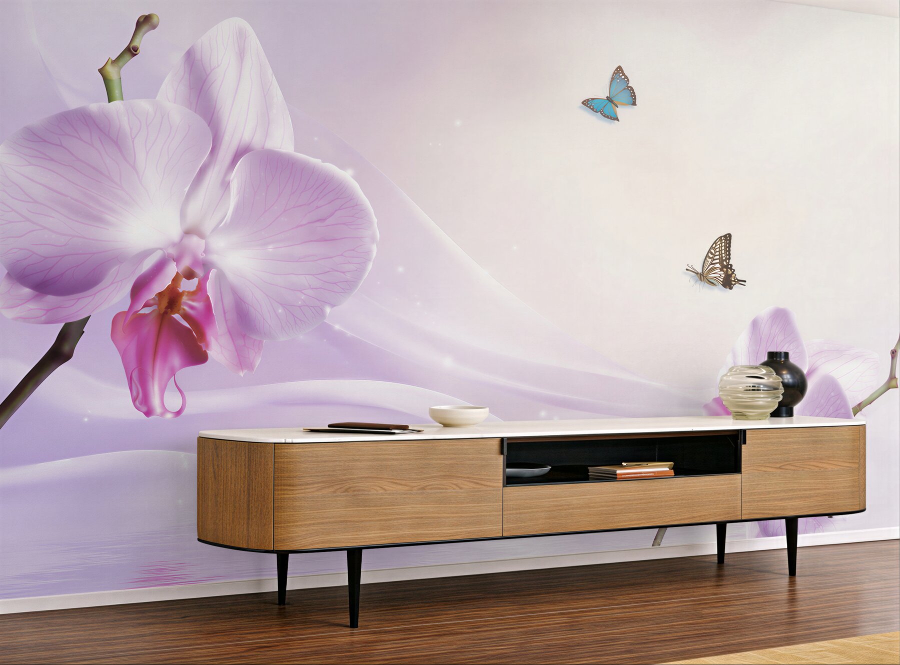 Fototapeta liliowe orchidee i motyle na tle geometrycznym?v23