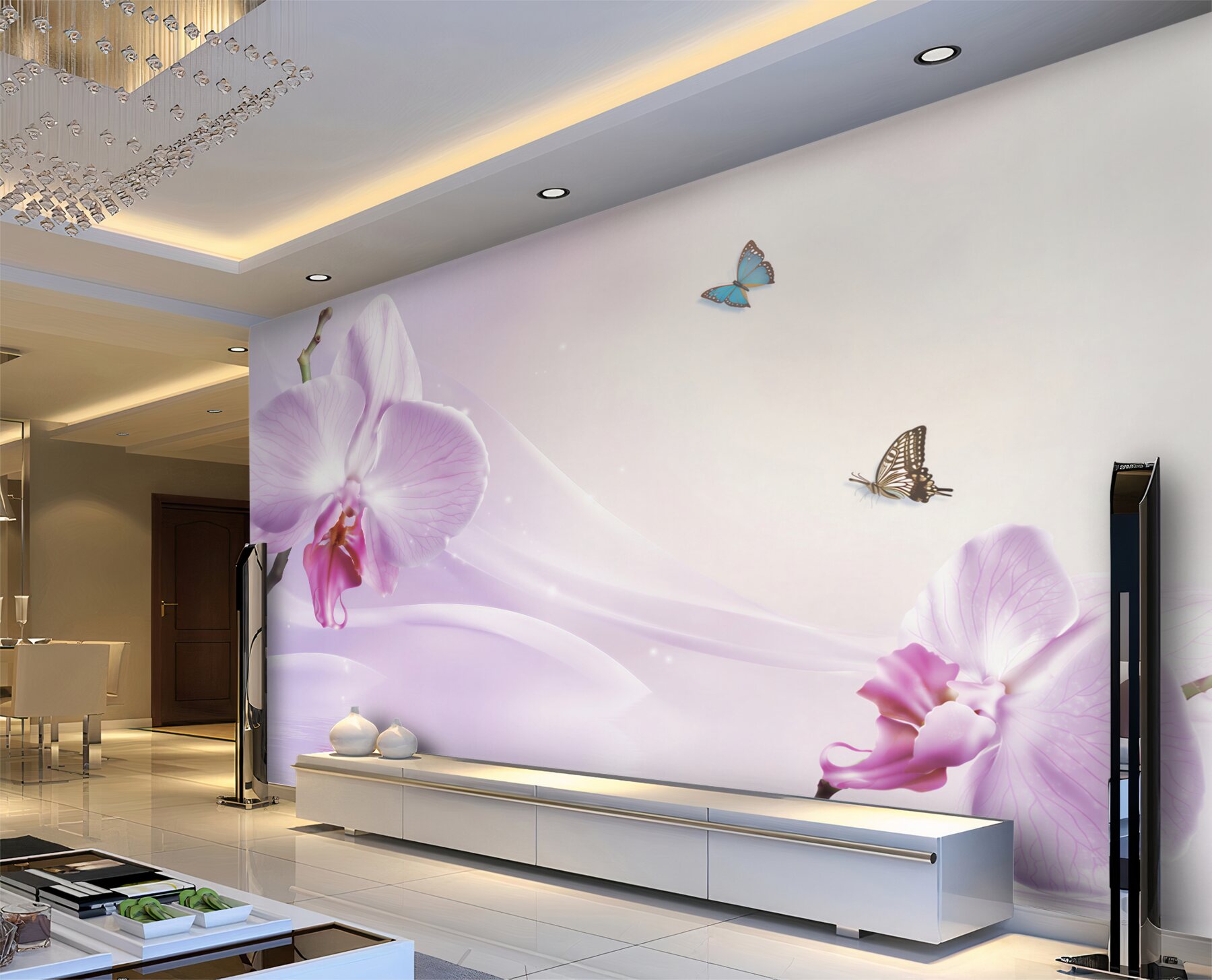 Fototapeta liliowe orchidee i motyle na tle geometrycznym?v23