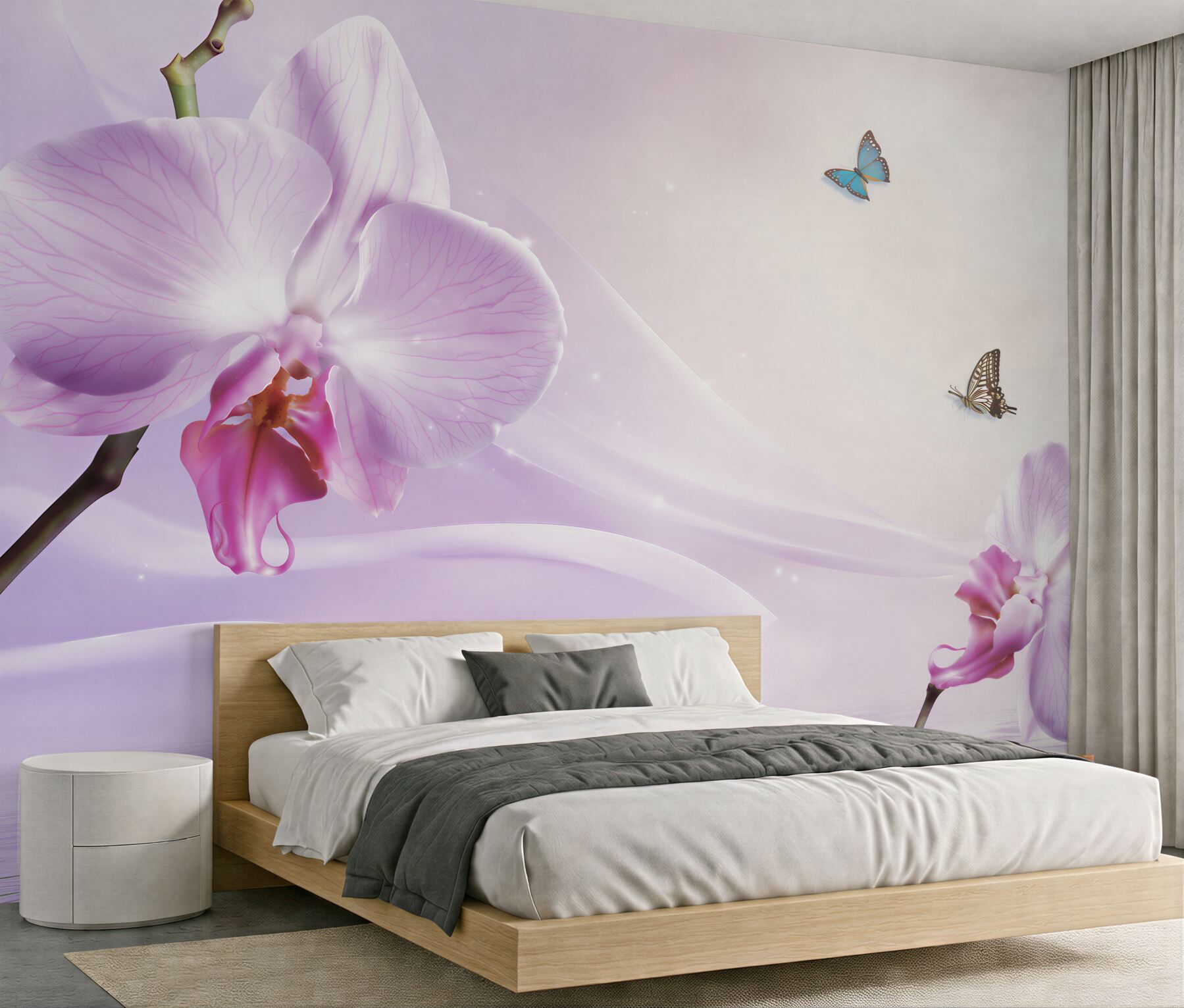 Fototapeta liliowe orchidee i motyle na tle geometrycznym?v23