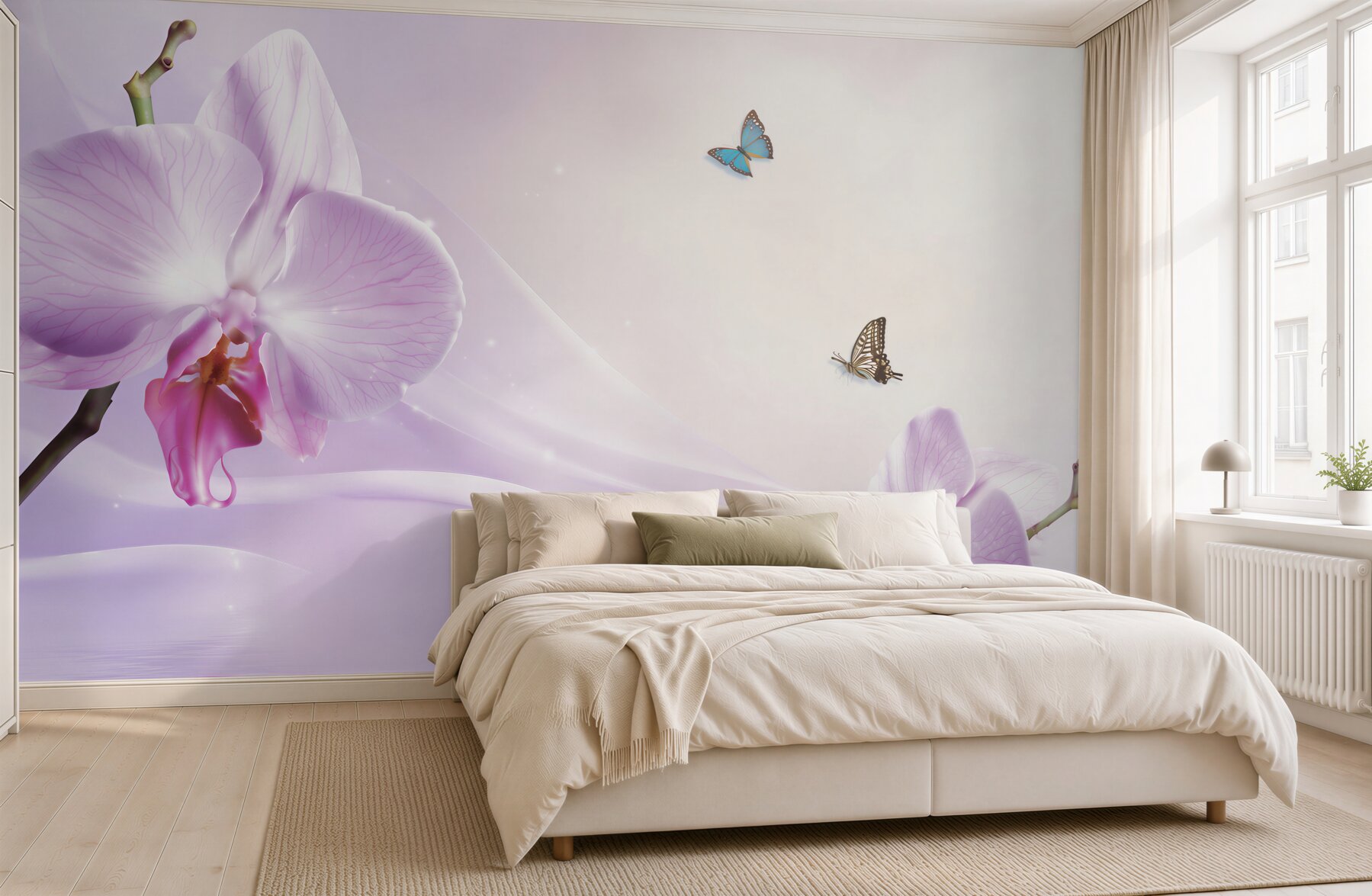 Fototapeta liliowe orchidee i motyle na tle geometrycznym?v23