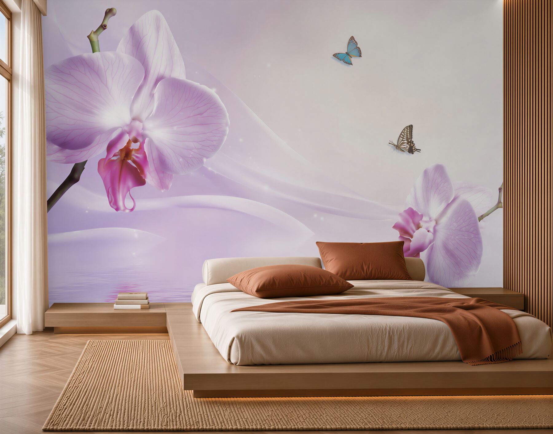Fototapeta liliowe orchidee i motyle na tle geometrycznym?v23