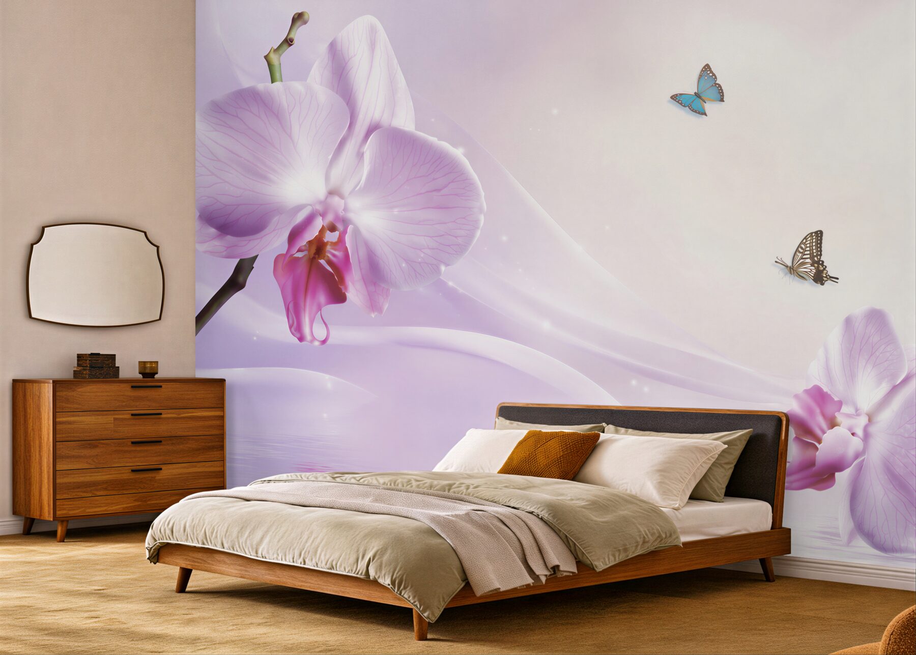 Fototapeta liliowe orchidee i motyle na tle geometrycznym?v23