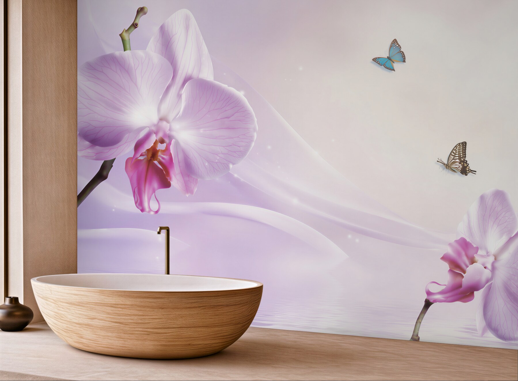 Fototapeta liliowe orchidee i motyle na tle geometrycznym?v23