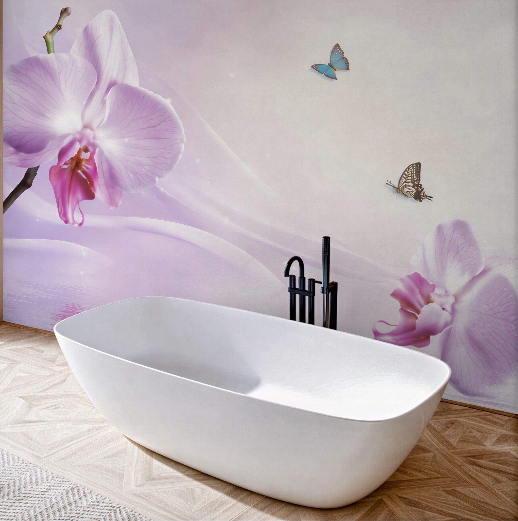 Fototapeta liliowe orchidee i motyle na tle geometrycznym?v23