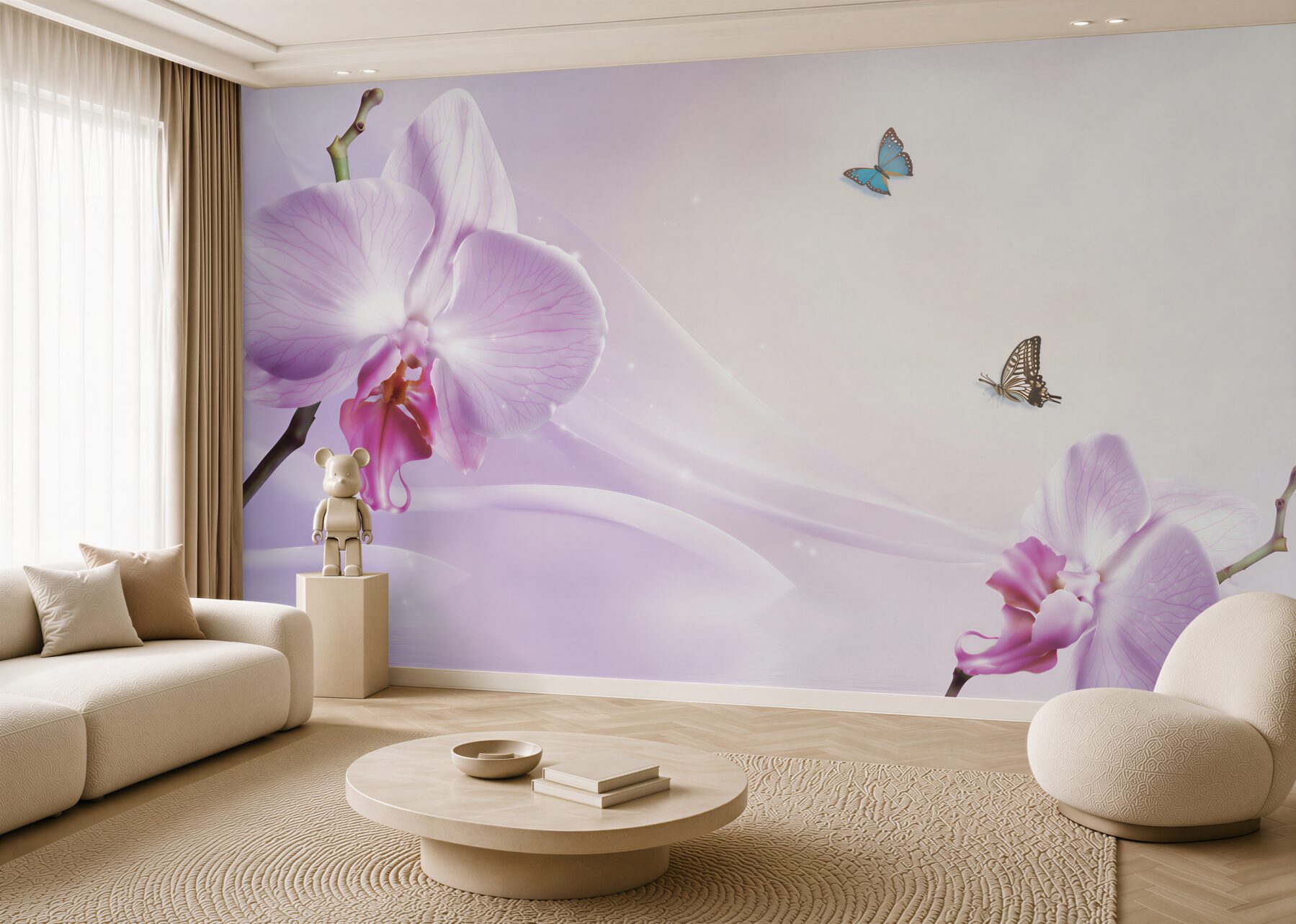 Fototapeta liliowe orchidee i motyle na tle geometrycznym?v23