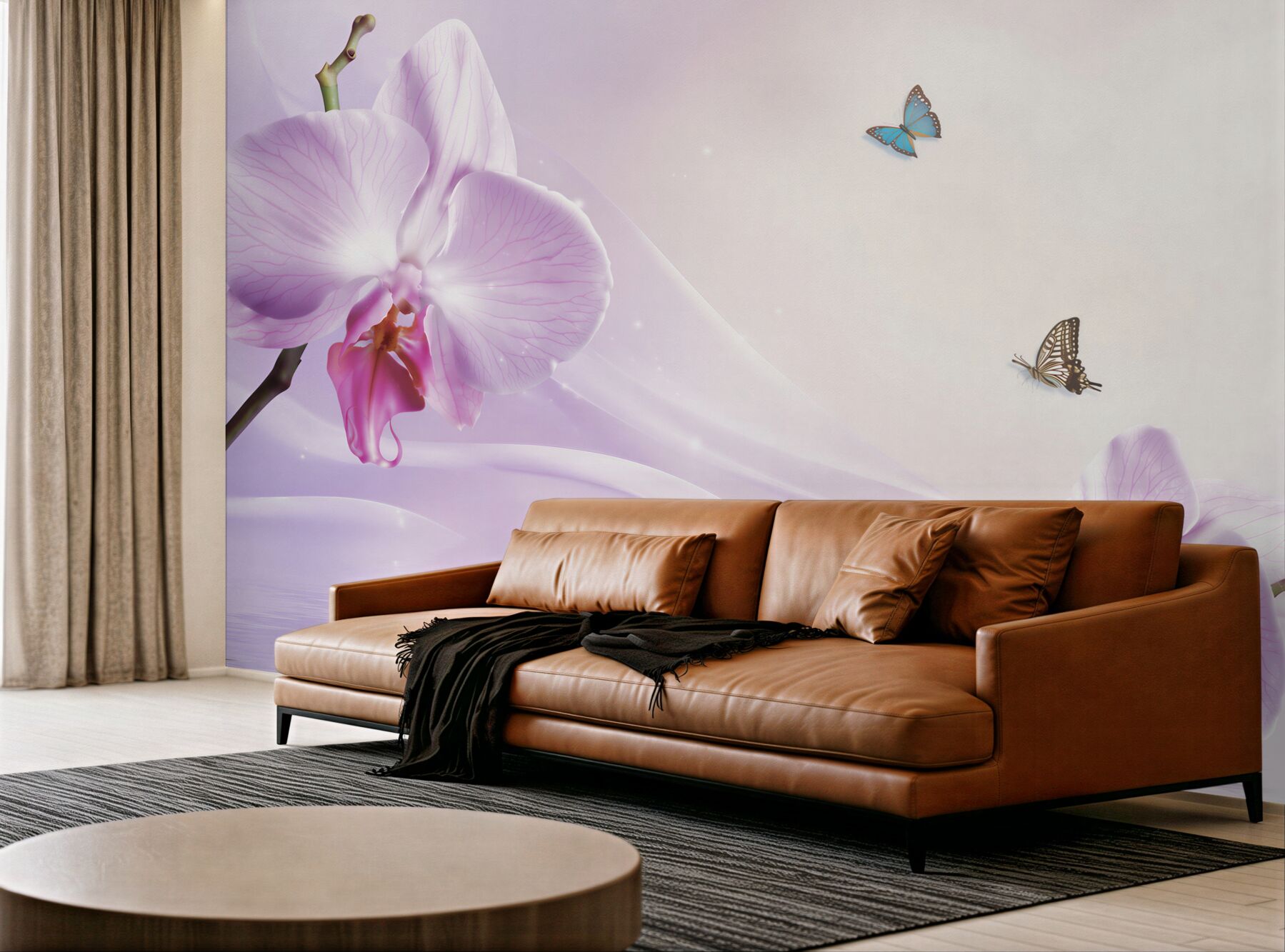 Fototapeta liliowe orchidee i motyle na tle geometrycznym?v23