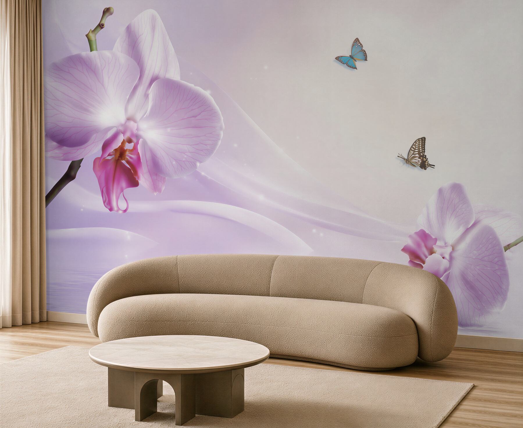 Fototapeta liliowe orchidee i motyle na tle geometrycznym?v23