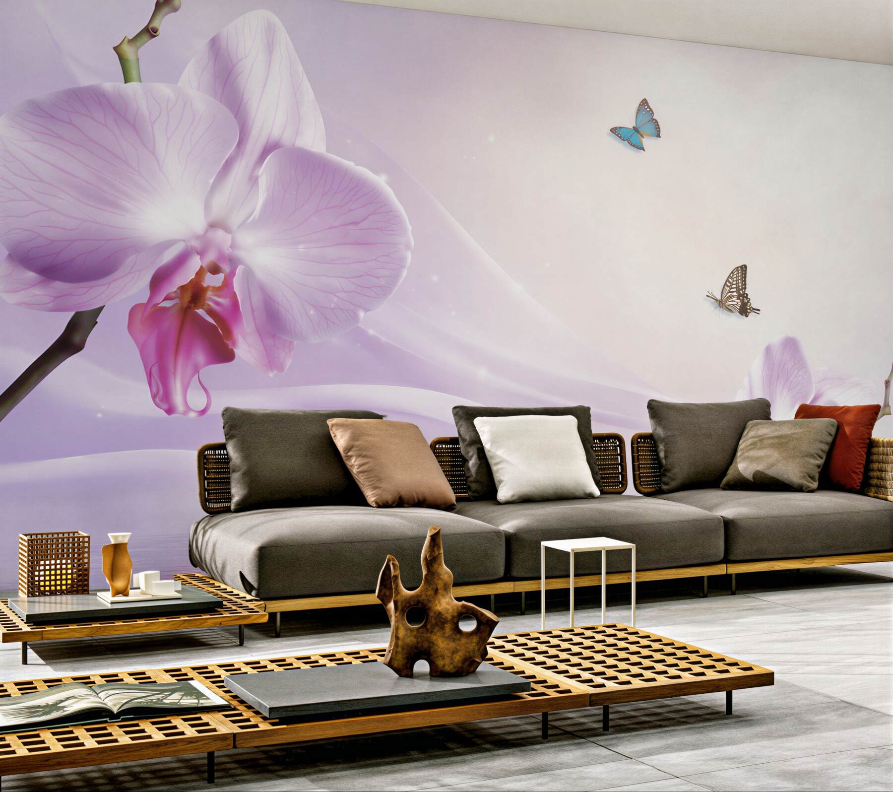 Fototapeta liliowe orchidee i motyle na tle geometrycznym?v23