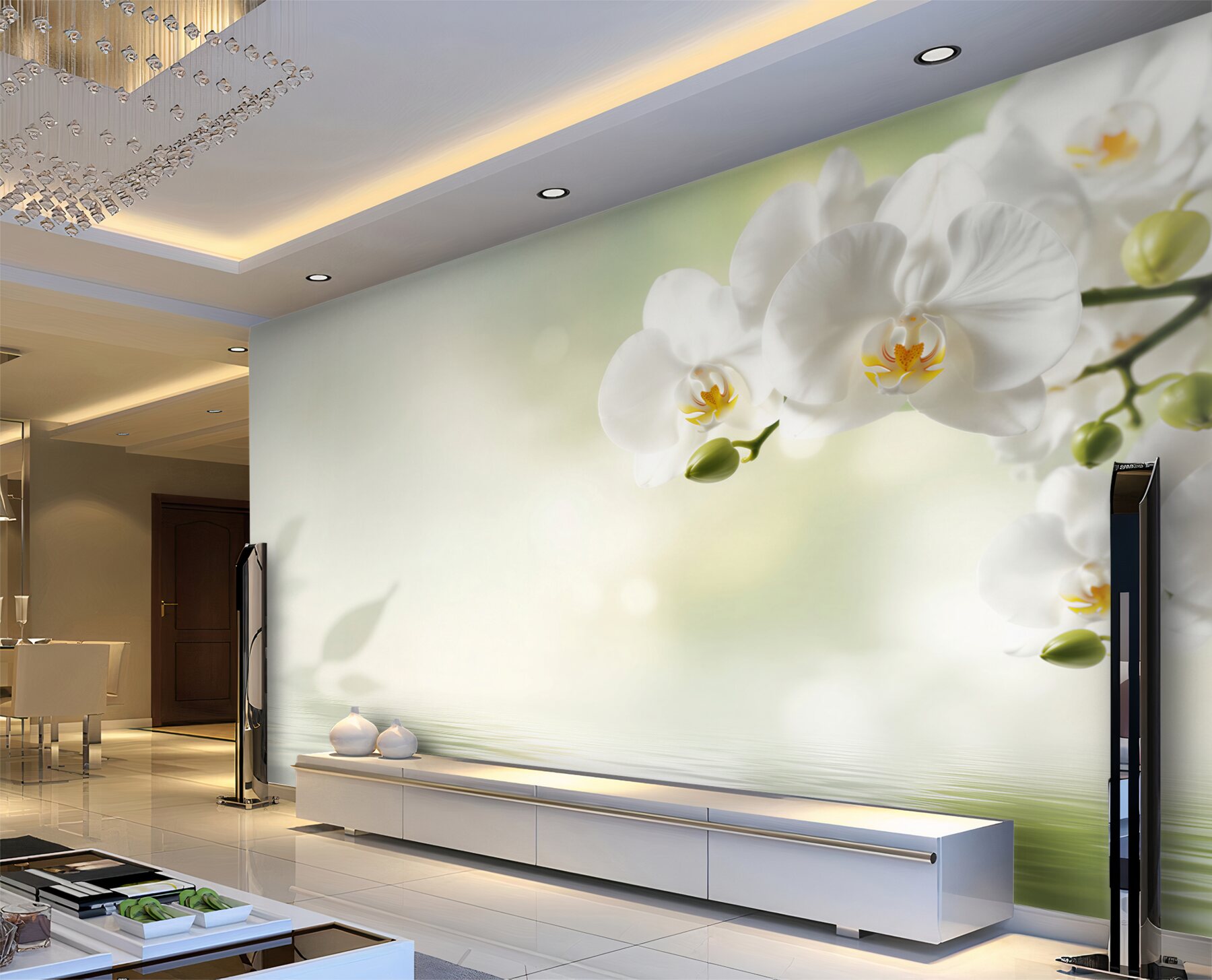 Fototapeta białe kwiaty orchidei w odbiciu w wodzie