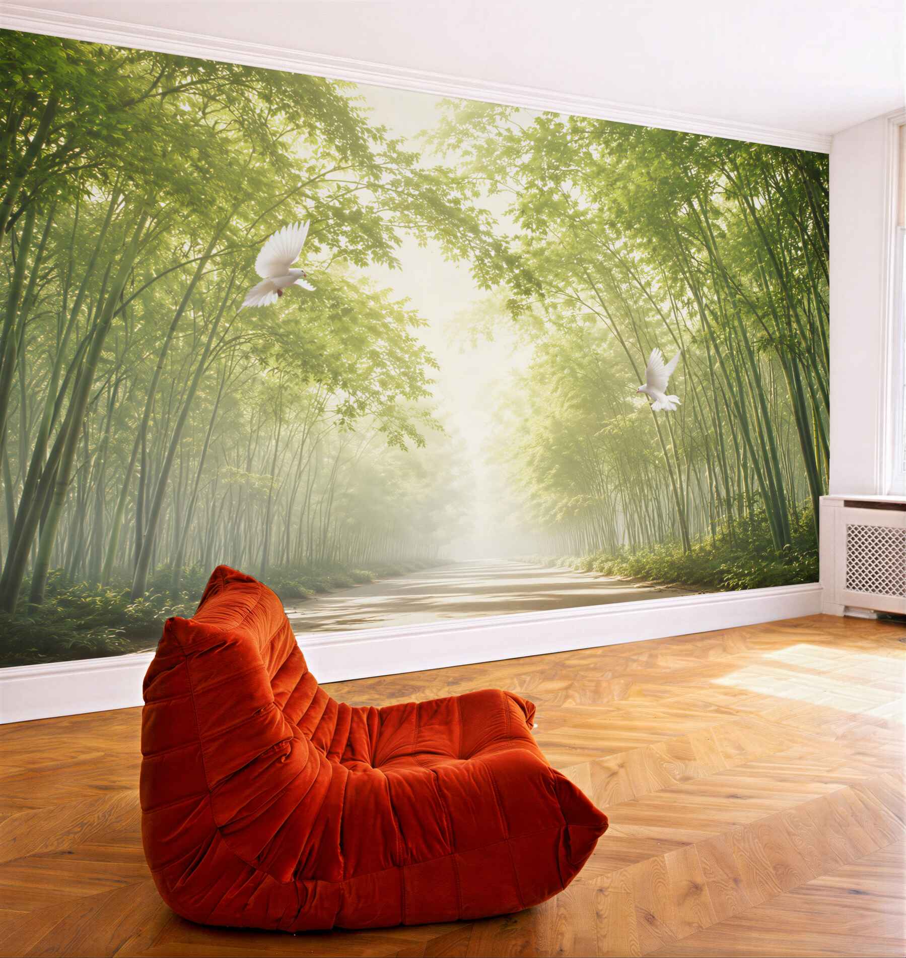 Fototapeta wejście do zielonego ogrodu botanicznego z gołębiami?v23
