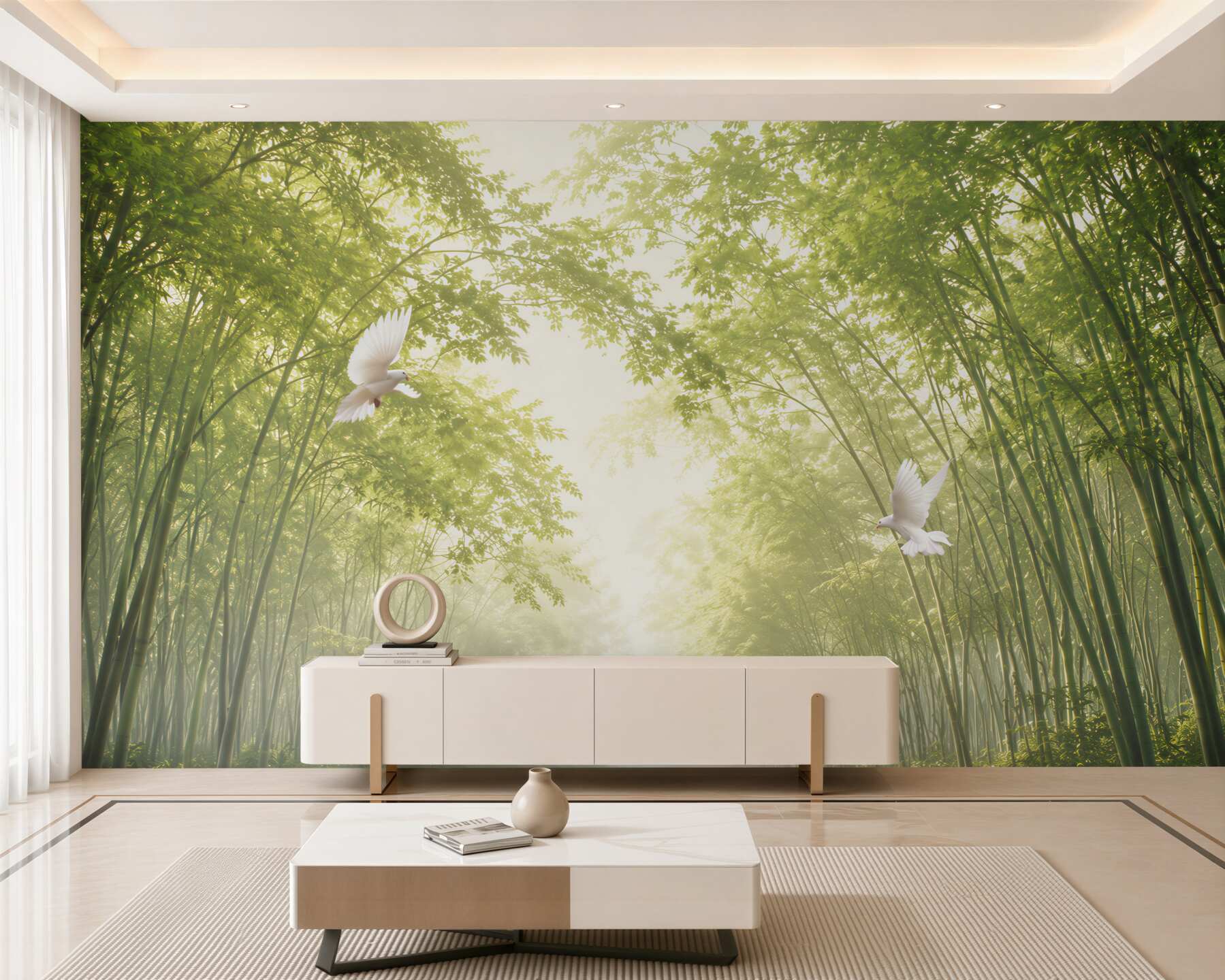 Fototapeta wejście do zielonego ogrodu botanicznego z gołębiami?v23